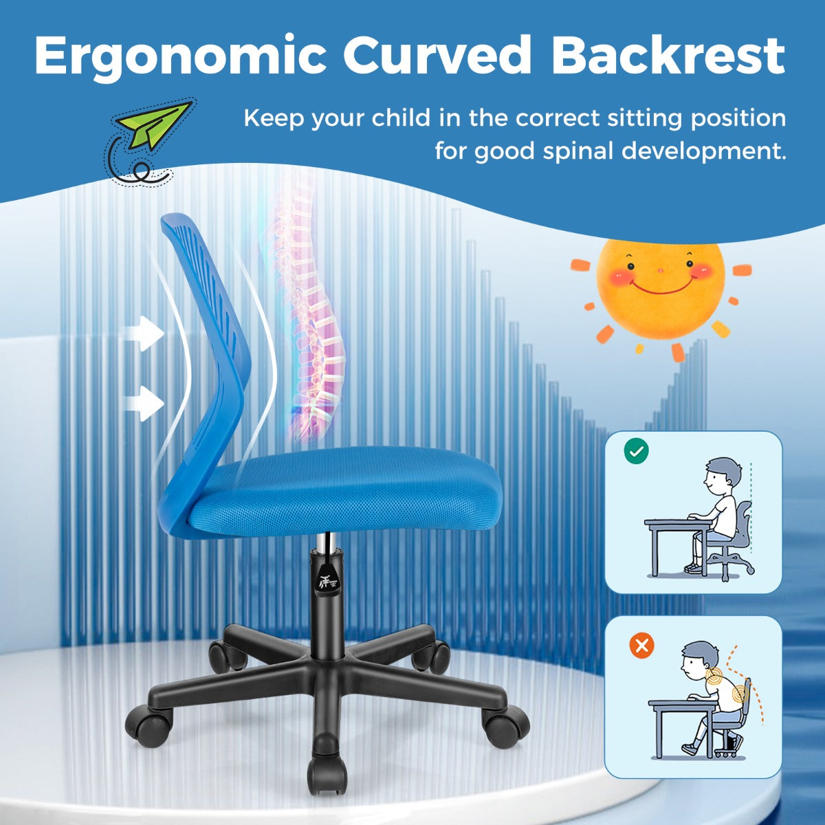 LIVSK Ergonomische Kinderbureaustoel - Verstelbaar 77-89 cm - Ademend Mesh - Hoog Zitcomfort - Ruimtebesparend - Blauw/Grijs/Zwart
