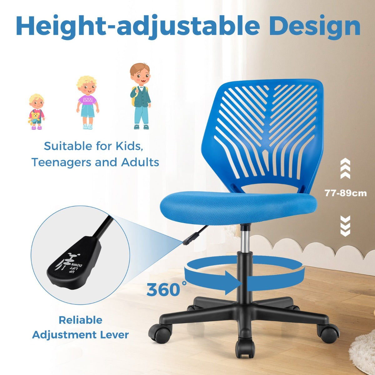 LIVSK Ergonomische Kinderbureaustoel - Verstelbaar 77-89 cm - Ademend Mesh - Hoog Zitcomfort - Ruimtebesparend - Blauw/Grijs/Zwart