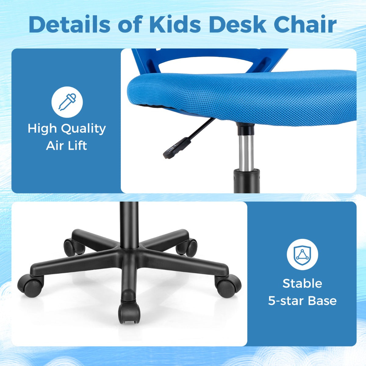 LIVSK Ergonomische Kinderbureaustoel - Verstelbaar 77-89 cm - Ademend Mesh - Hoog Zitcomfort - Ruimtebesparend - Blauw/Grijs/Zwart