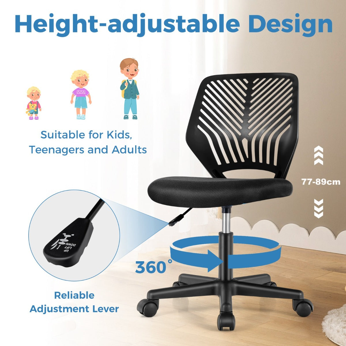 LIVSK Ergonomische Kinderbureaustoel - Verstelbaar - Ademend Mesh - Hoge Dichtheid Spons - Tot 150 kg - Blauw/Grijs/Zwart
