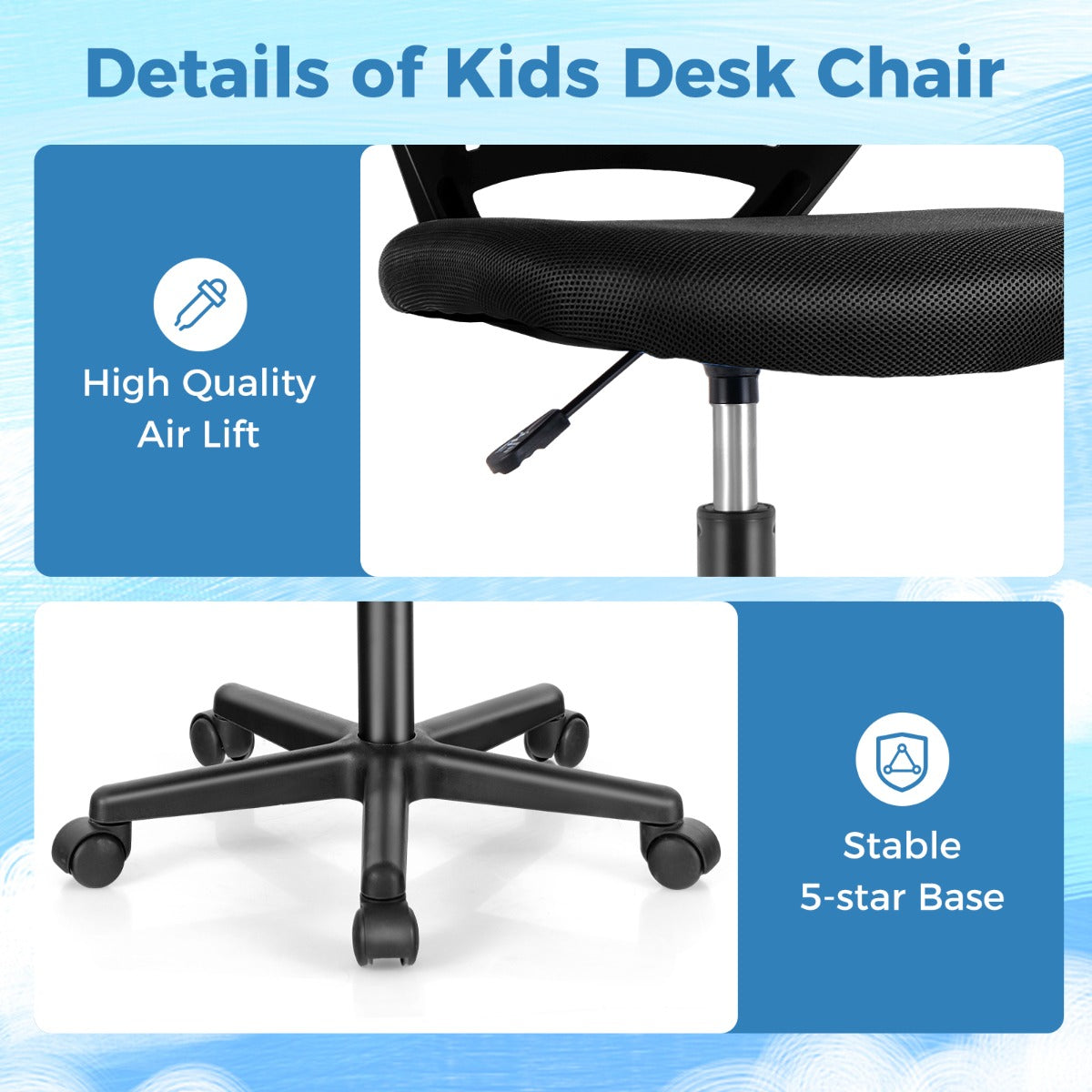 LIVSK Ergonomische Kinderbureaustoel - Verstelbaar - Ademend Mesh - Hoge Dichtheid Spons - Tot 150 kg - Blauw/Grijs/Zwart