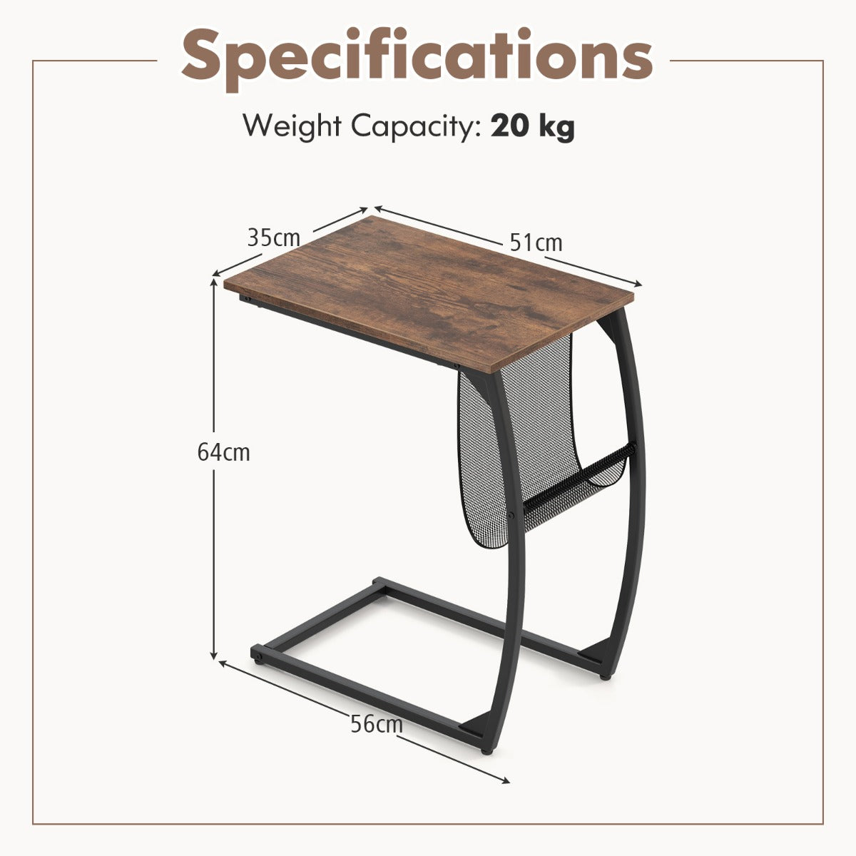 LIVSK C-vormige bijzettafel - Ruimtebesparend Ontwerp - Dubbele Opbergruimte - Stevig Metalen Frame - 56 x 35 x 64 cm - Rustiek