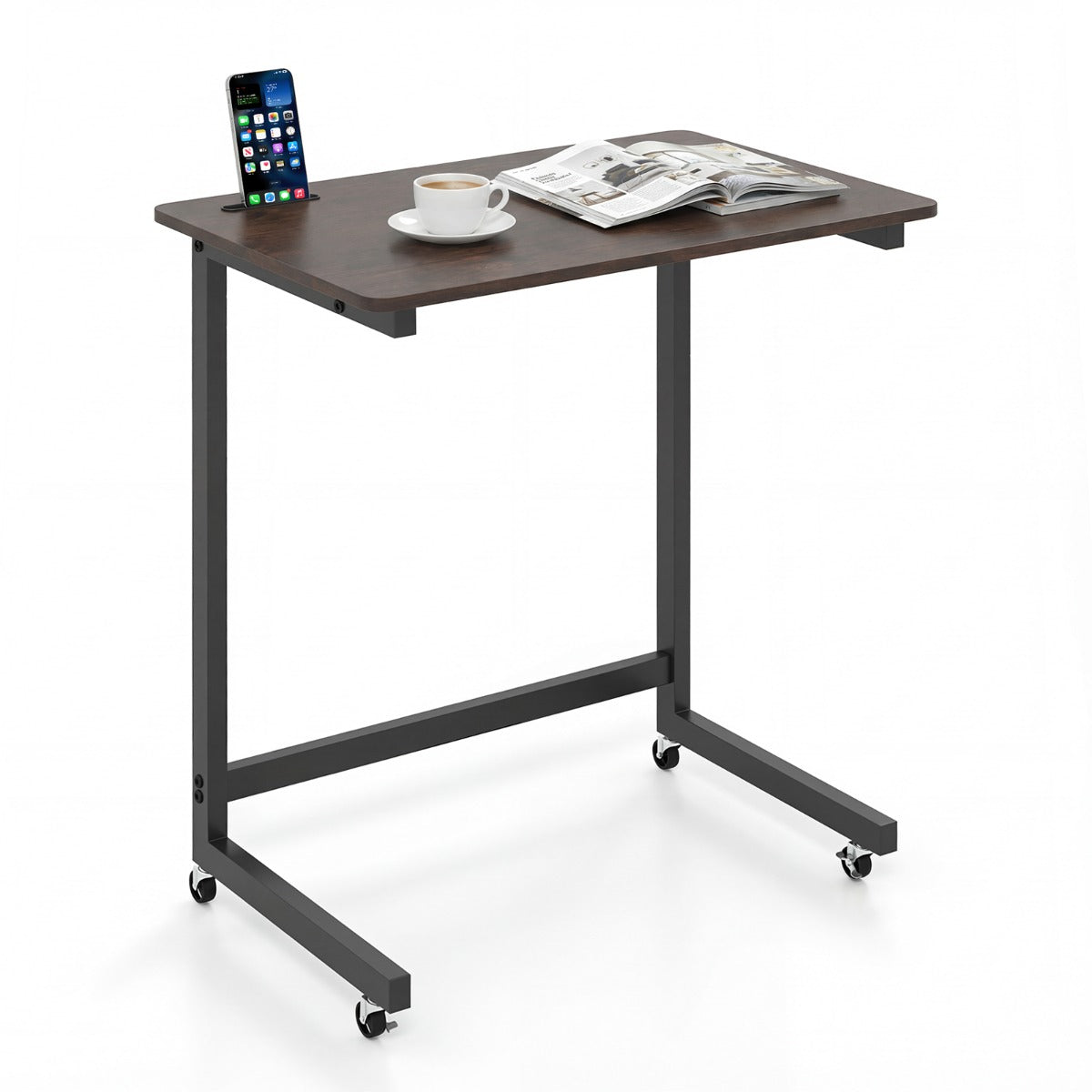 Livsk costway c vormige bijzettafel met wieltjes mobiele laptoptabel met geintegreerde mobiele telefoonhouder 1 1