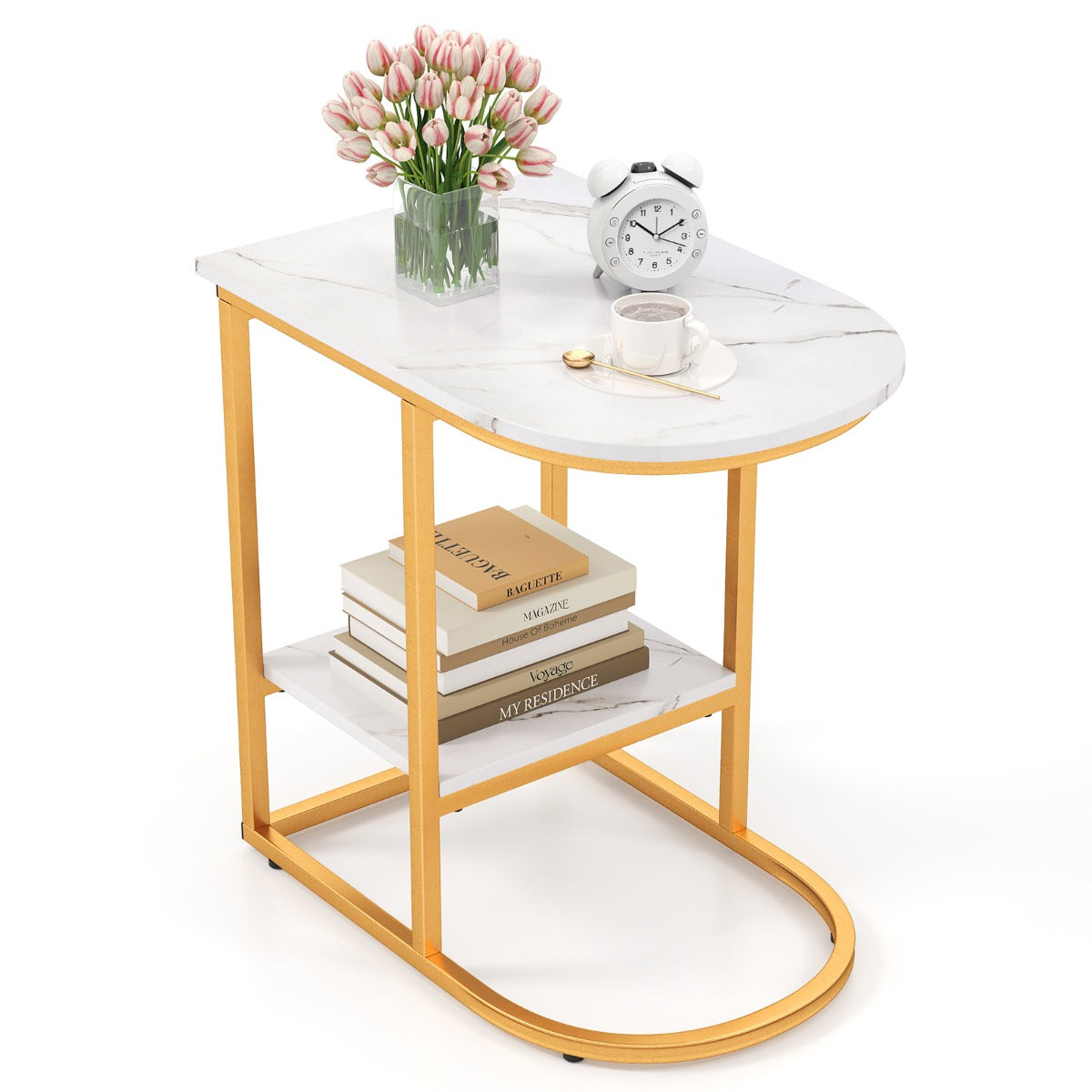 LIVSK C-vormige bijzettafel - 2-niveaus met imitatiemarmeren blad - Stevig metalen frame - Ruimtebesparend - 60 x 40 x 60 cm -