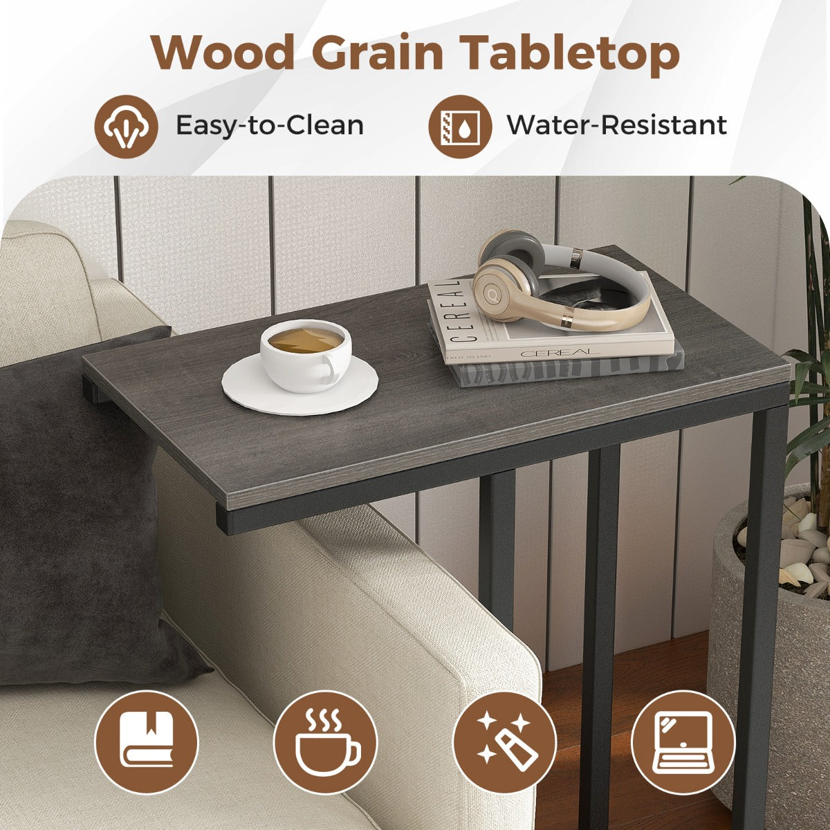LIVSK C-vormige bijzettafel - Ruimtebesparend ontwerp - Stevig metalen frame - Ideaal voor laptop en snacks - 45,5 x 25,5 x 64 cm