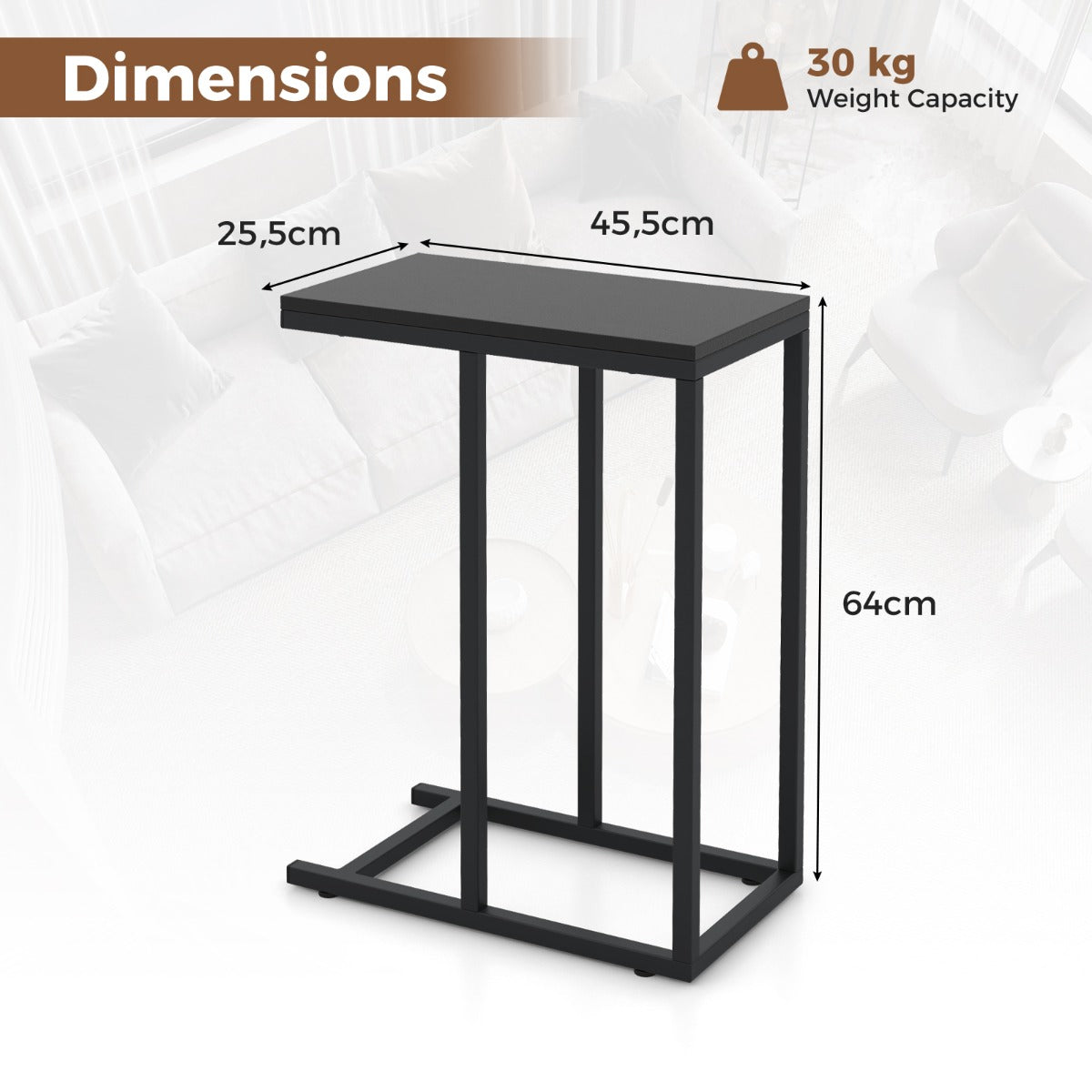 LIVSK C-vormige bijzettafel - Ruimtebesparend Ontwerp - Stevige Constructie - 45,5 x 25,5 x 64 cm - Draagvermogen 30 kg - Rustiek
