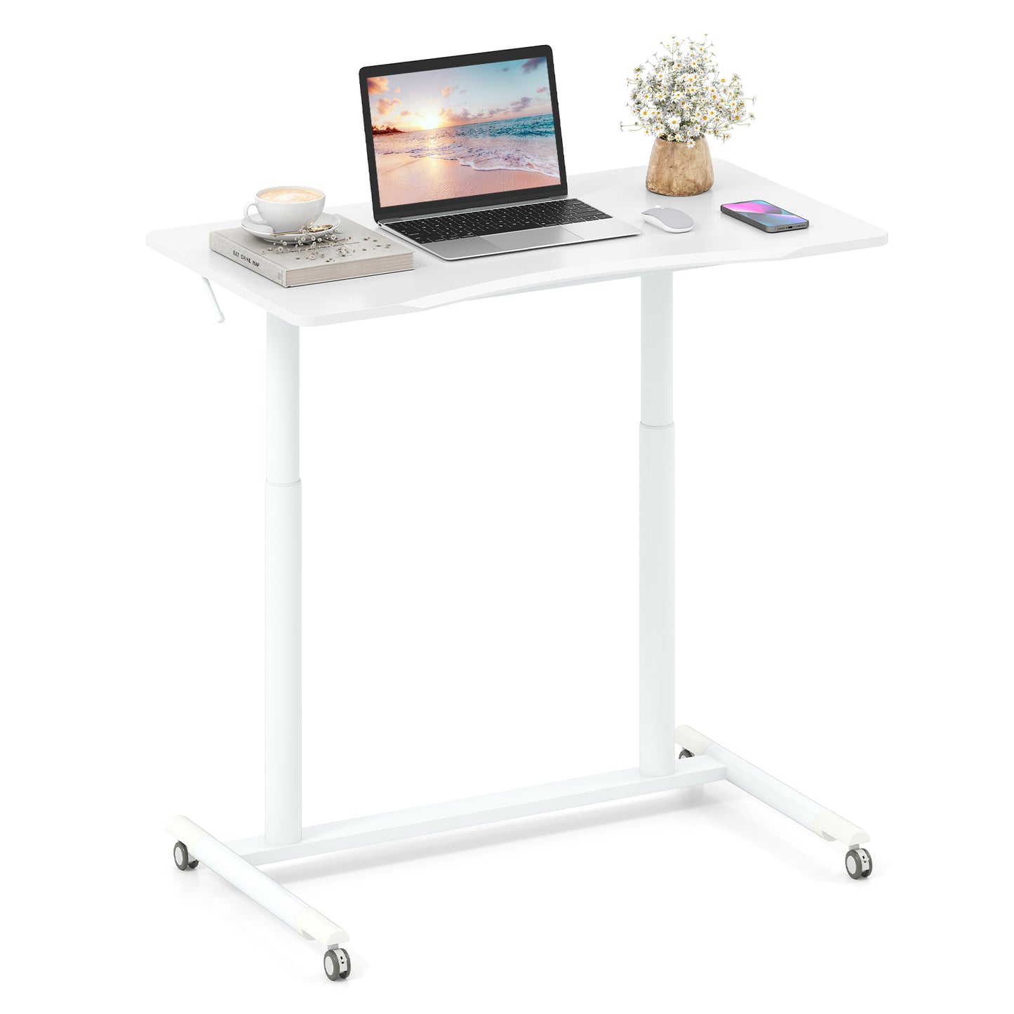 LIVSK Zit-sta-bureau - Verstelbare Hoogte 70-106 cm - C-vormig - 90 kg Draagvermogen - 4 Wielen - Wit