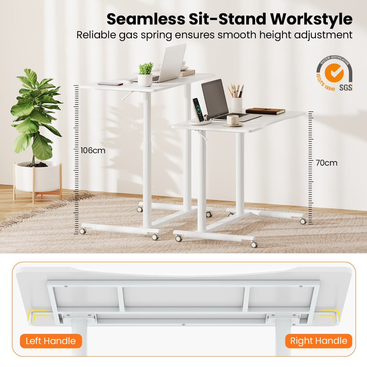 LIVSK Zit-sta-bureau - Verstelbare Hoogte 70-106 cm - C-vormig - 90 kg Draagvermogen - 4 Wielen - Wit