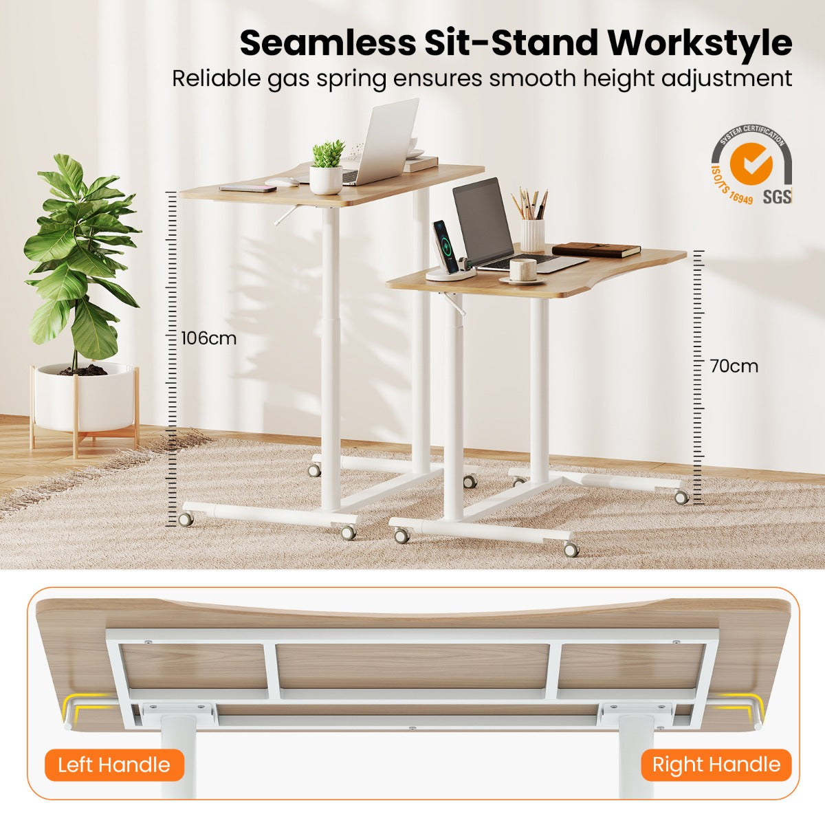 LIVSK Zit-Sta Bureau - Verstelbare Hoogte 70-106 cm - Robuuste Constructie tot 90 kg - Ergonomisch Ontwerp - C-vormig - Natuur &