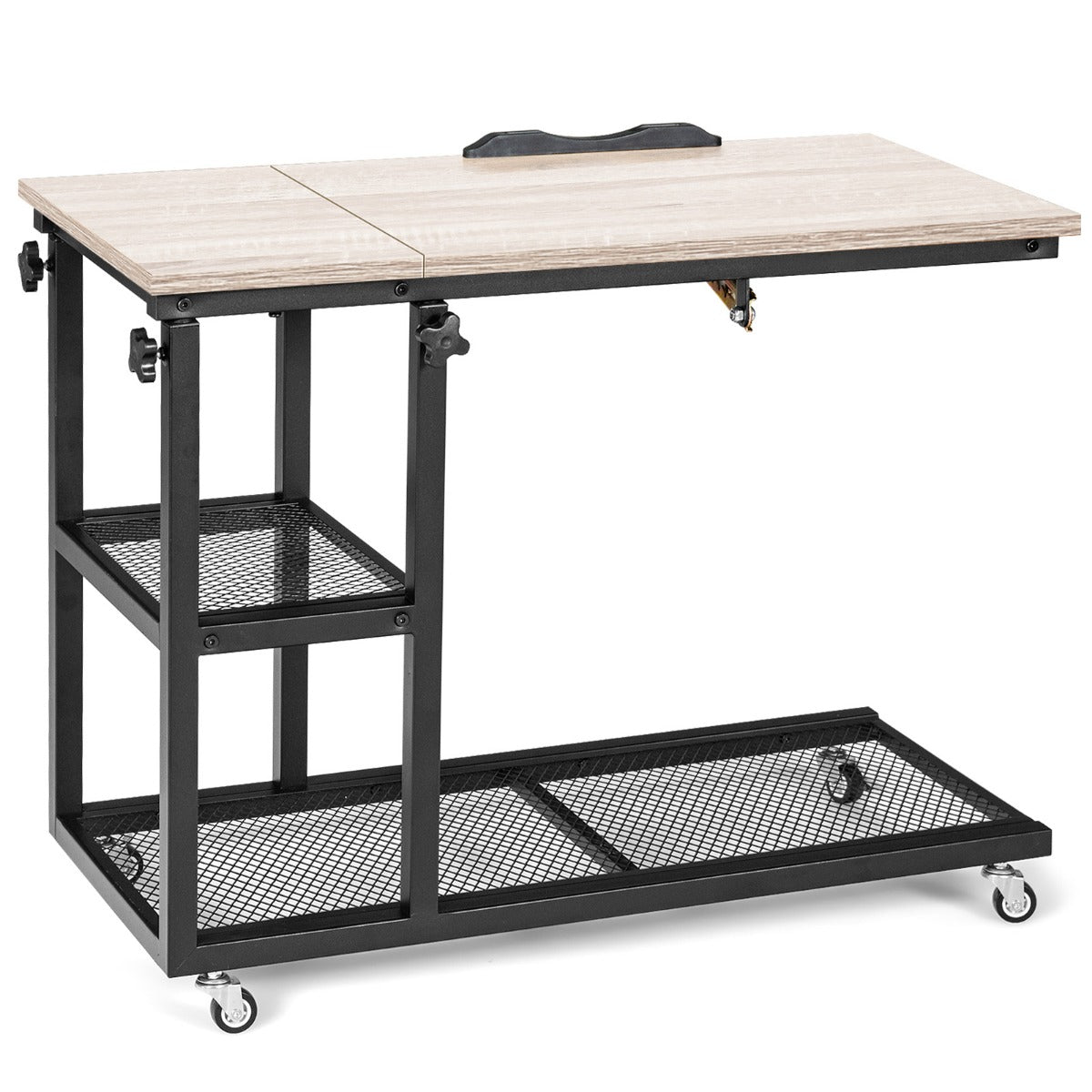 LIVSK C-vormige laptoptafel - Verstelbaar van 63,5-95 cm - Kantelbaar tot 32,5° - 360° Draaibare wielen - Natuur