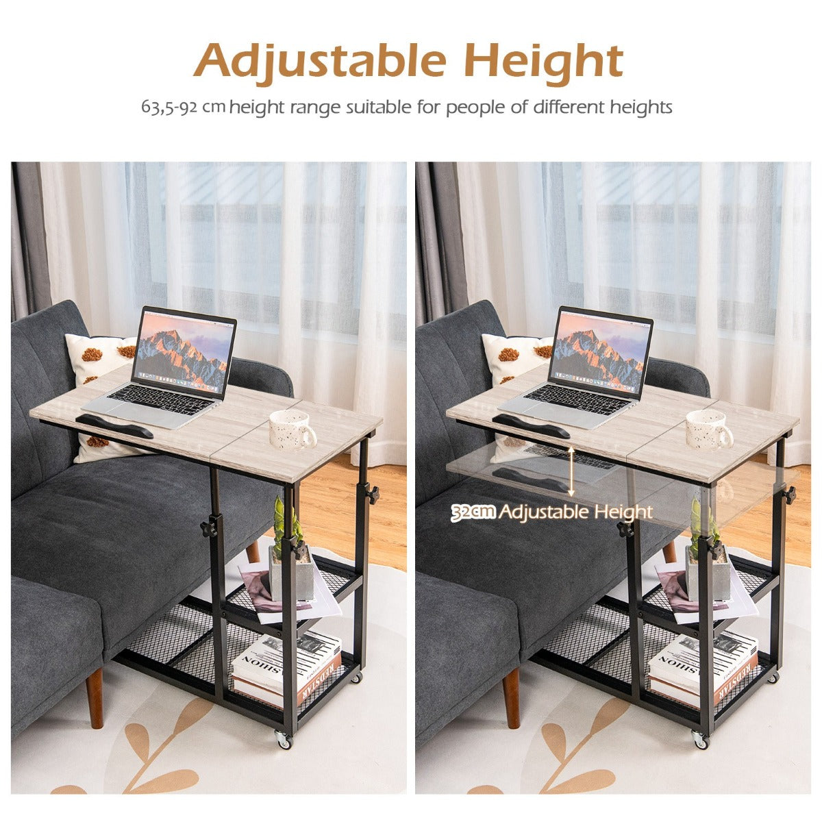 LIVSK C-vormige laptoptafel - Verstelbaar van 63,5-95 cm - Kantelbaar tot 32,5° - 360° Draaibare wielen - Natuur