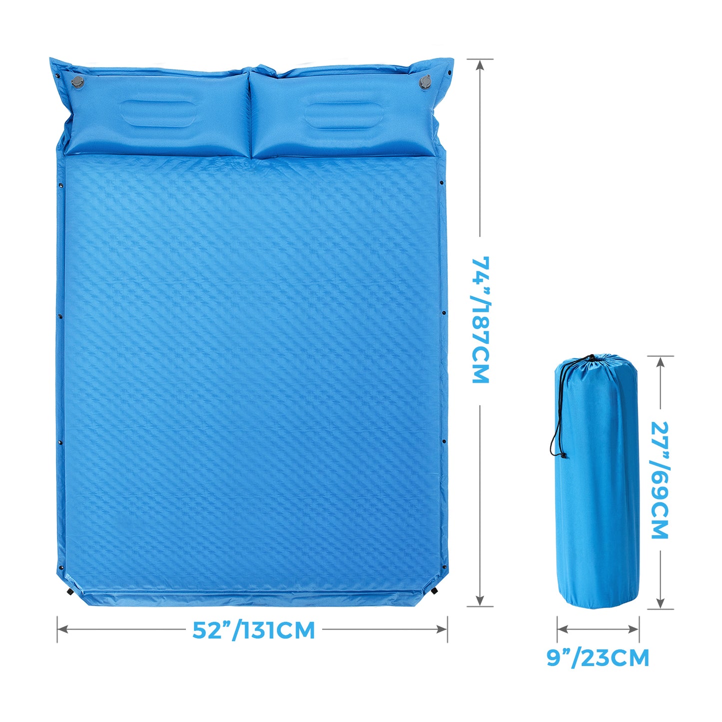 LIVSK Zelfopblazende Kampeermat met Kussen - Dik Schuim - Waterdicht PVC - 187 x 130 x 4 cm - 2 Persoons - Blauw