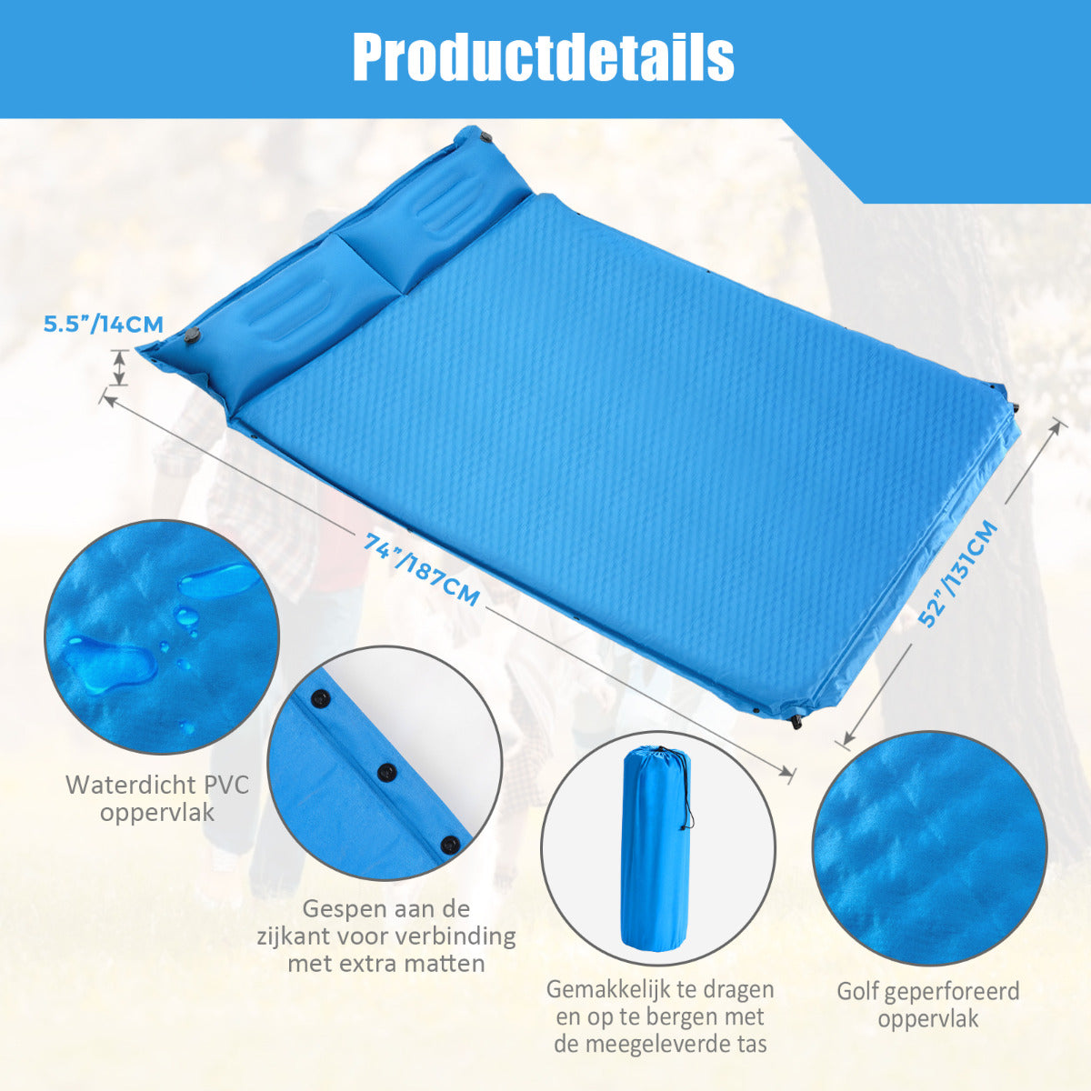 LIVSK Zelfopblazende Kampeermat met Kussen - Dik Schuim - Waterdicht PVC - 187 x 130 x 4 cm - 2 Persoons - Blauw
