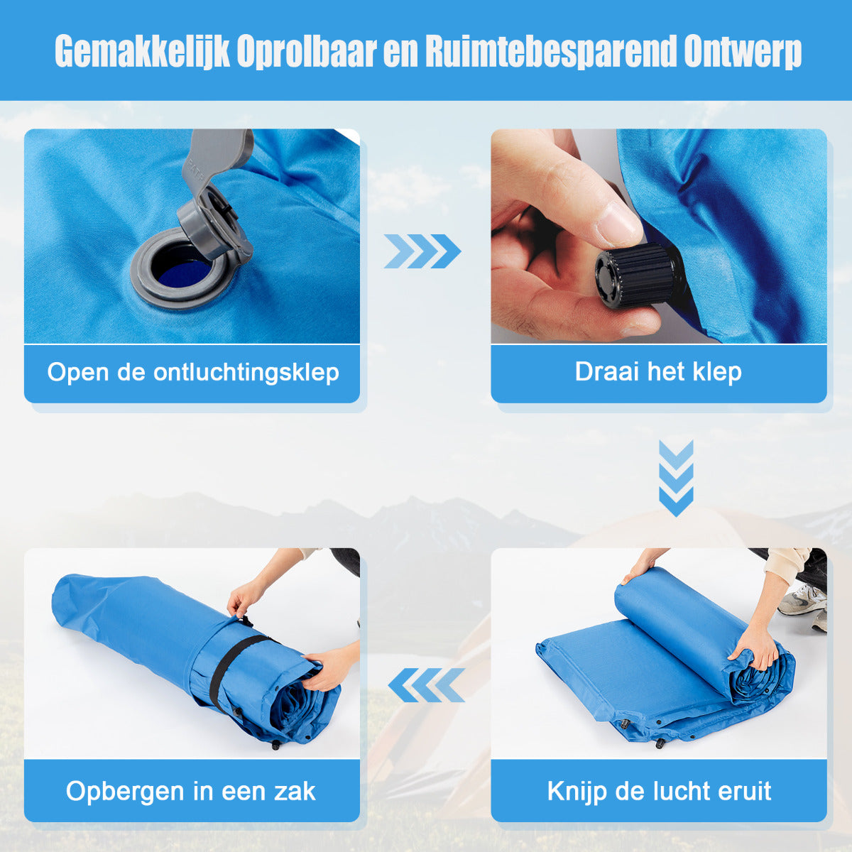 LIVSK Zelfopblazende Kampeermat met Kussen - Dik Schuim - Waterdicht PVC - 187 x 130 x 4 cm - 2 Persoons - Blauw