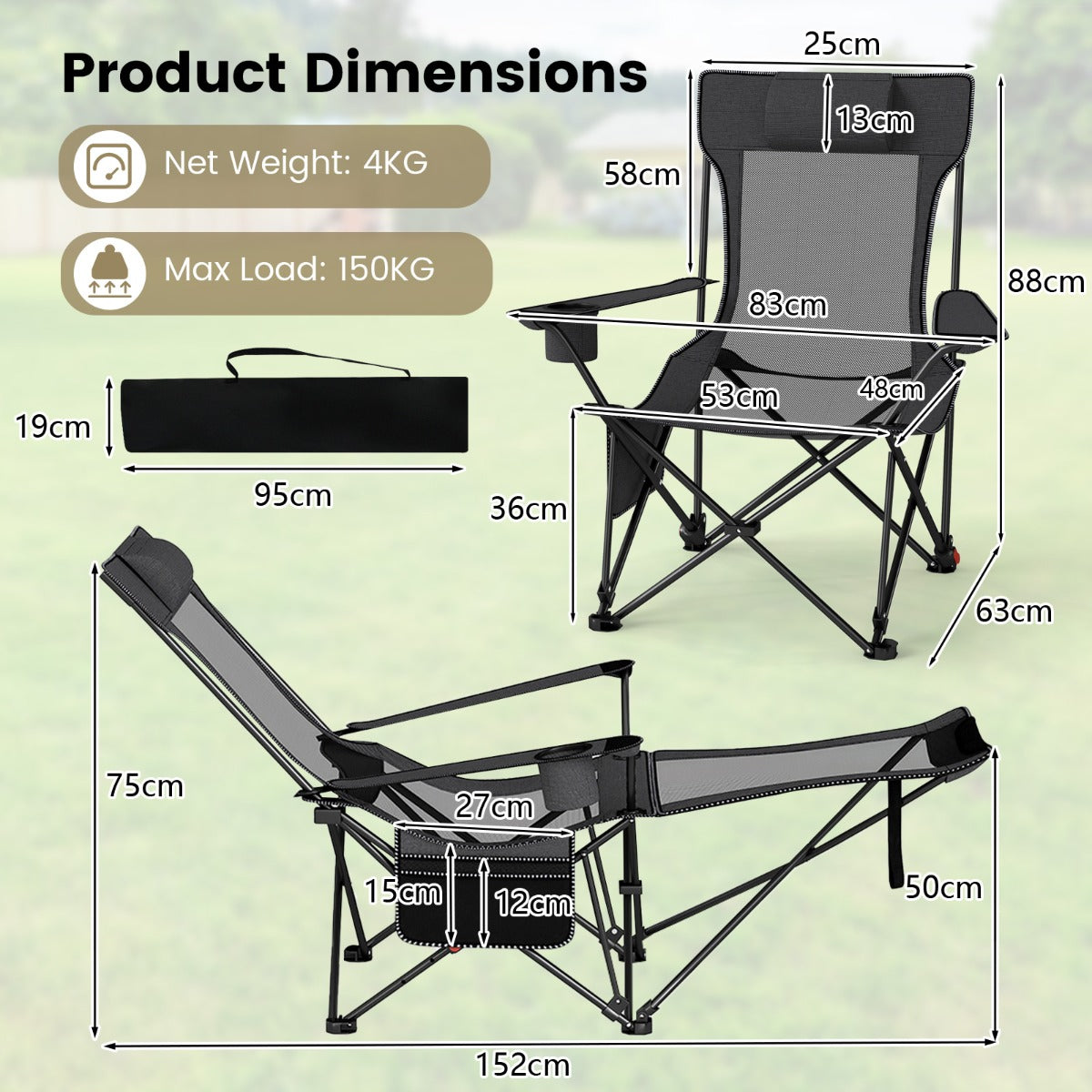 LIVSK 2-in-1 Opvouwbare Campingstoel - Verstelbare Rugleuning - Antislip - Inclusief Draagtas - Tot 150 kg - Grijs