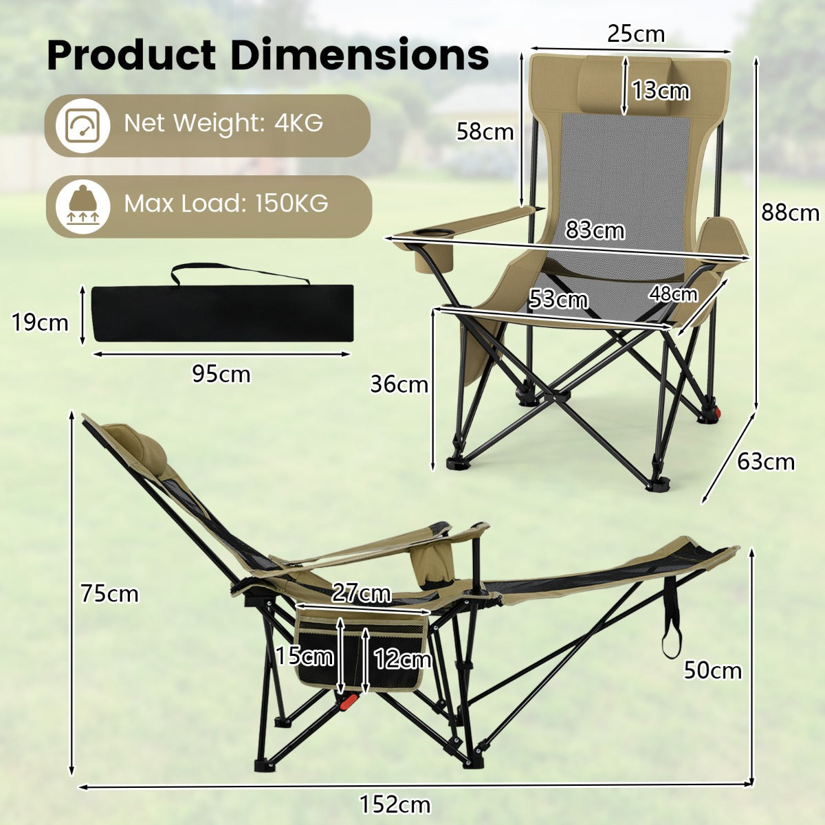 LIVSK 2-in-1 Outdoor Ligstoel - Opvouwbaar met Verstelbare Rugleuning - Bekerhouder en Zijvak - Tot 150 kg - Groen
