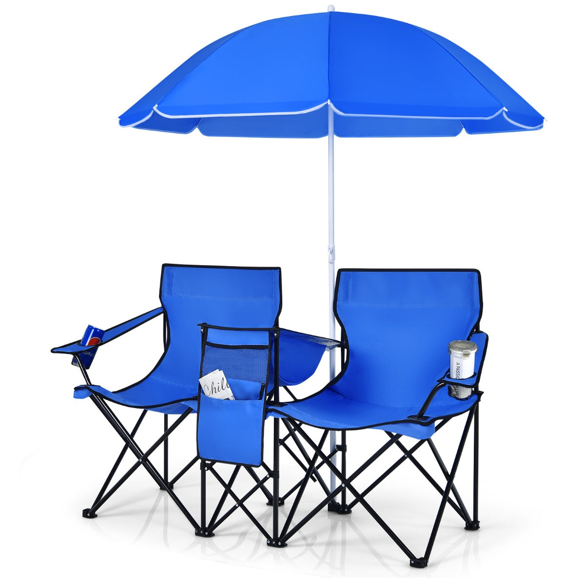 Livsk costway campingstoel met parasol klapstoel voor koppels dubbele visstoel opvouwbaar met bekerhouder koeltas diepblauw 1 1