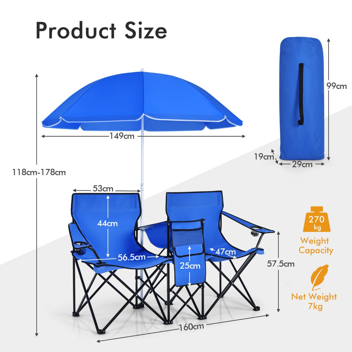 Livsk costway campingstoel met parasol klapstoel voor koppels dubbele visstoel opvouwbaar met bekerhouder koeltas diepblauw 2