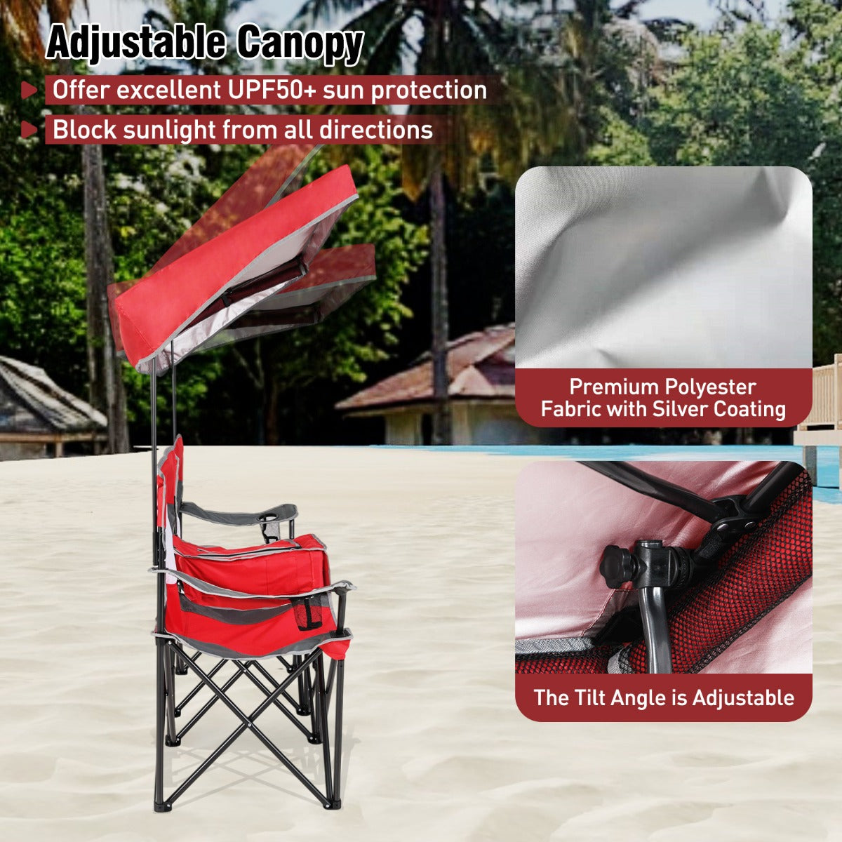LIVSK Dubbele Strandstoel met UPF50+ Verstelbare Parasol - Ruimte voor 2 Personen - Vouwbaar met Draagtas - Rood