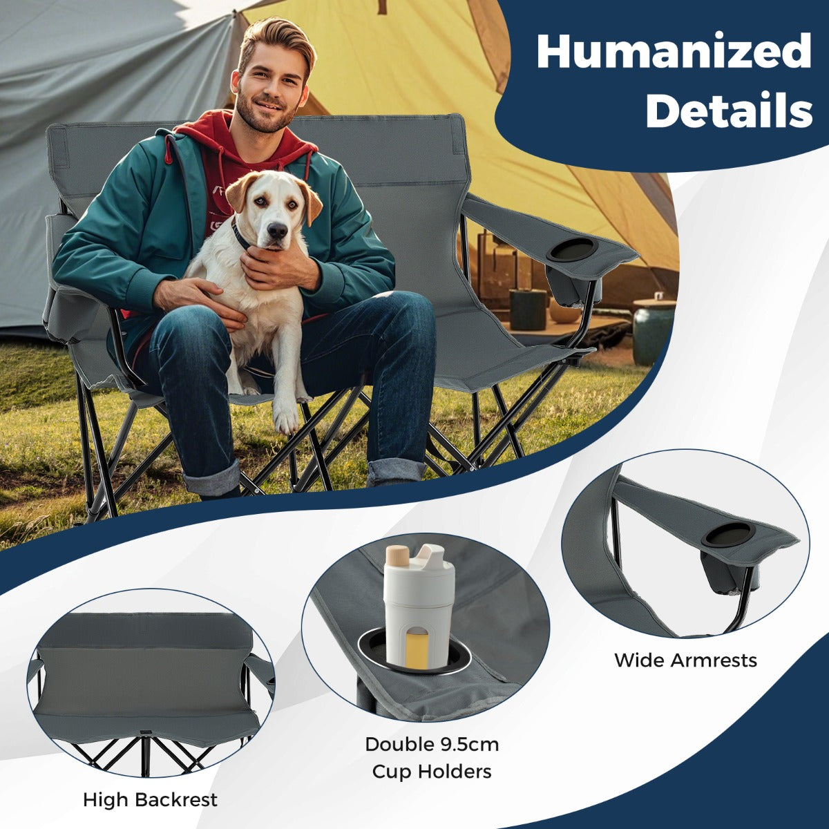LIVSK Tweezits Campingstoel - Inklapbaar met Hoge Rugleuning - Bekerhouders - Antislip - Tot 300 kg - Blauw
