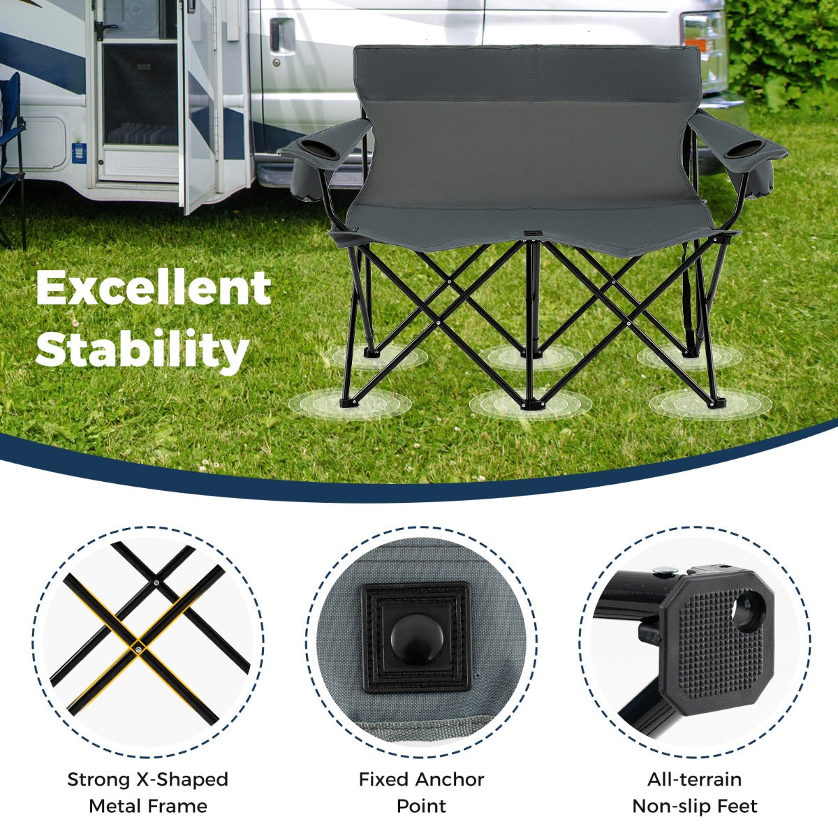 LIVSK Tweezits Campingstoel - Inklapbaar met Hoge Rugleuning - Bekerhouders - Antislip - Tot 300 kg - Blauw