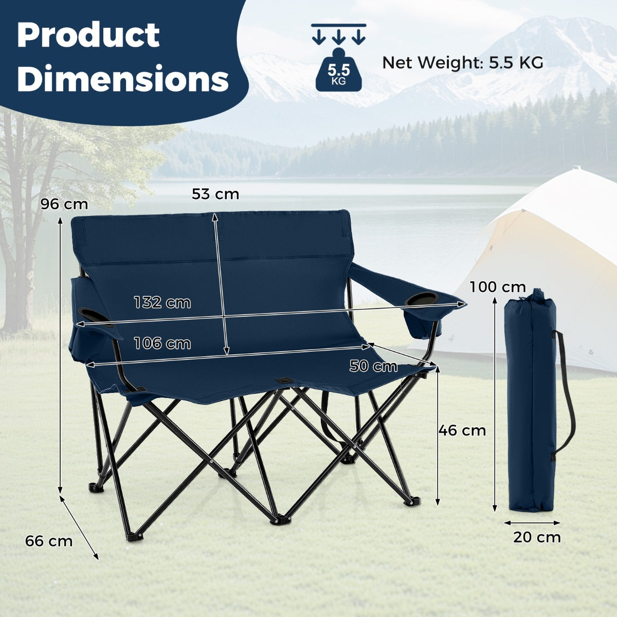 LIVSK Tweezits Campingstoel - Inklapbaar met Hoge Rugleuning - Bekerhouders - Antislip - Tot 300 kg - Blauw
