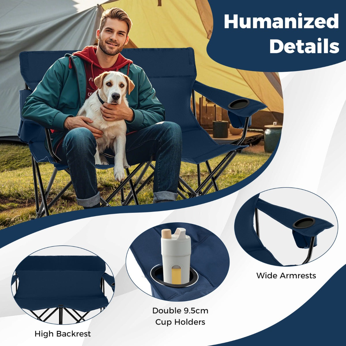 LIVSK Tweezits Campingstoel - Inklapbaar met Hoge Rugleuning - Bekerhouders - Antislip - Tot 300 kg - Blauw