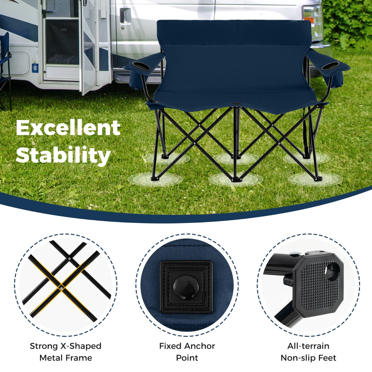 LIVSK Tweezits Campingstoel - Inklapbaar met Hoge Rugleuning - Bekerhouders - Antislip - Tot 300 kg - Blauw