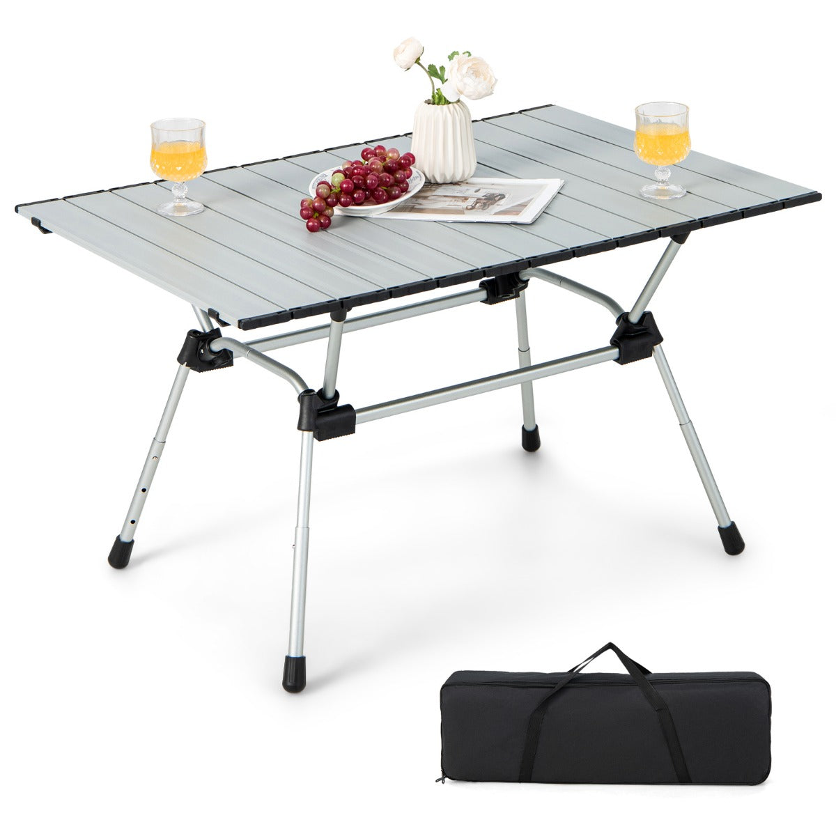 LIVSK Inklapbare Campingtafel - Verstelbare Hoogte - Aluminium Tafelblad - Draagtas - 90 x 60,5 x 42,5-52 cm - Zilver