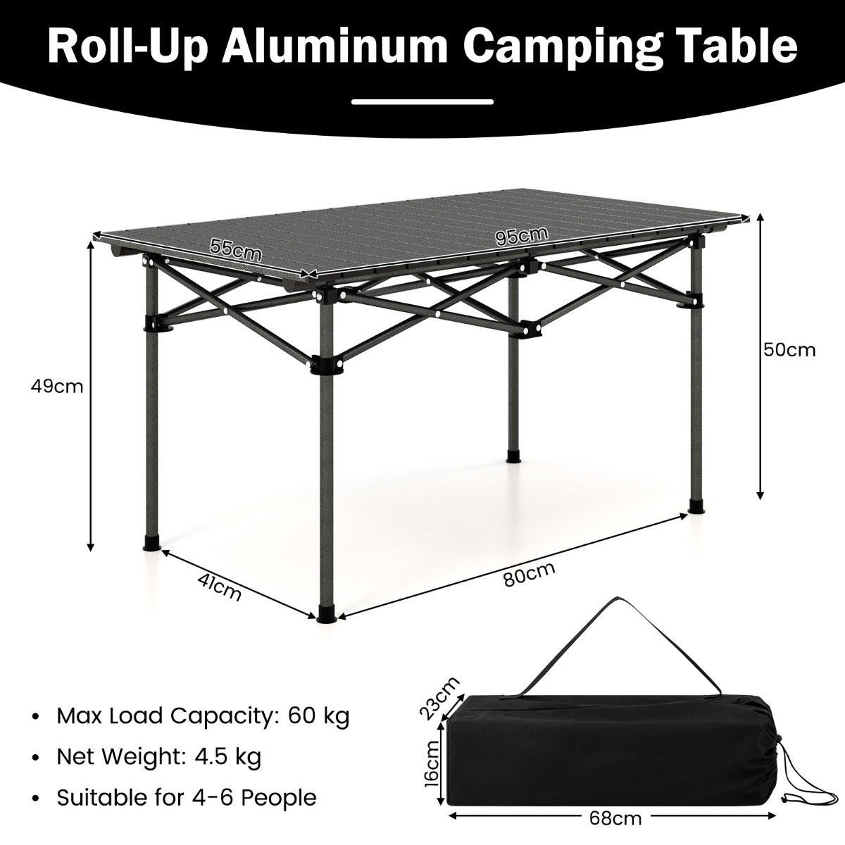 LIVSK Opvouwbare Campingtafel - Aluminium Tafelblad - Draagvermogen 60 kg - Voor 4-6 Personen - Eenvoudig Op te Bergen - Zwart