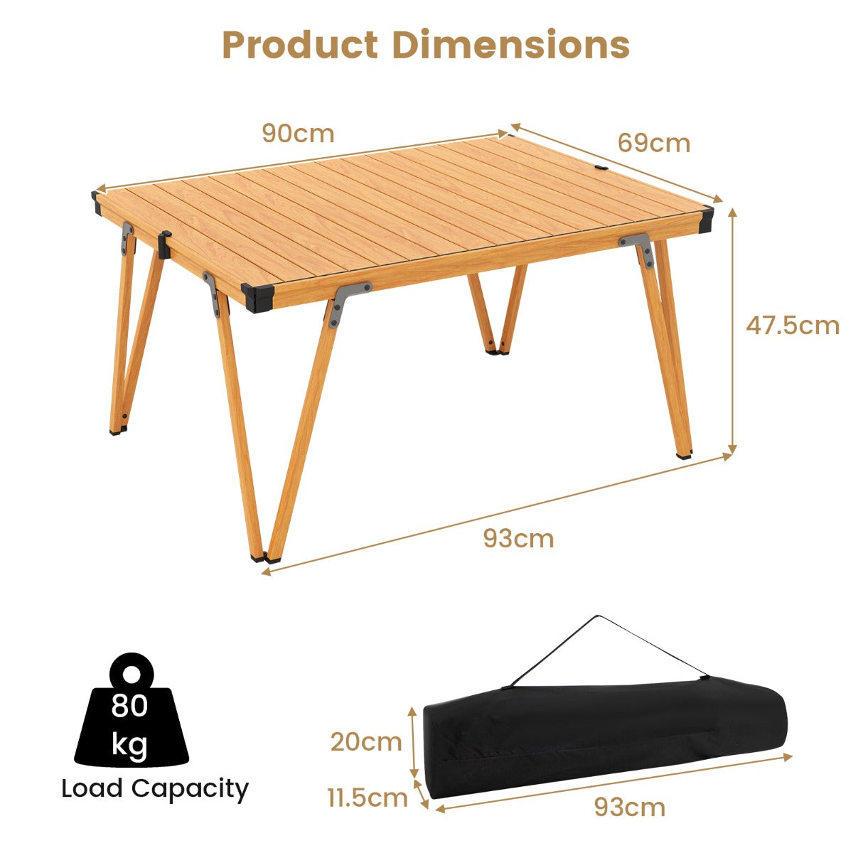 LIVSK Campingtafel - Waterdicht en Inklapbaar - Licht Aluminium - Draagvermogen 80 kg - 90 x 69 cm - Bruin
