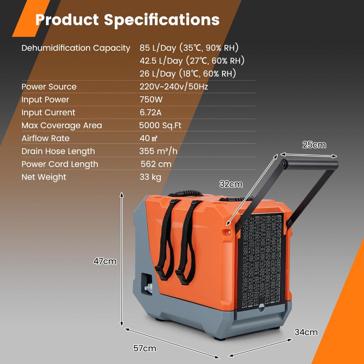 LIVSK Commerciële Luchtontvochtiger - Verwijdert 85 Liter/dag - Ingebouwde Pomp - Instelbare Vochtigheid - Voor 40 m² - Oranje +