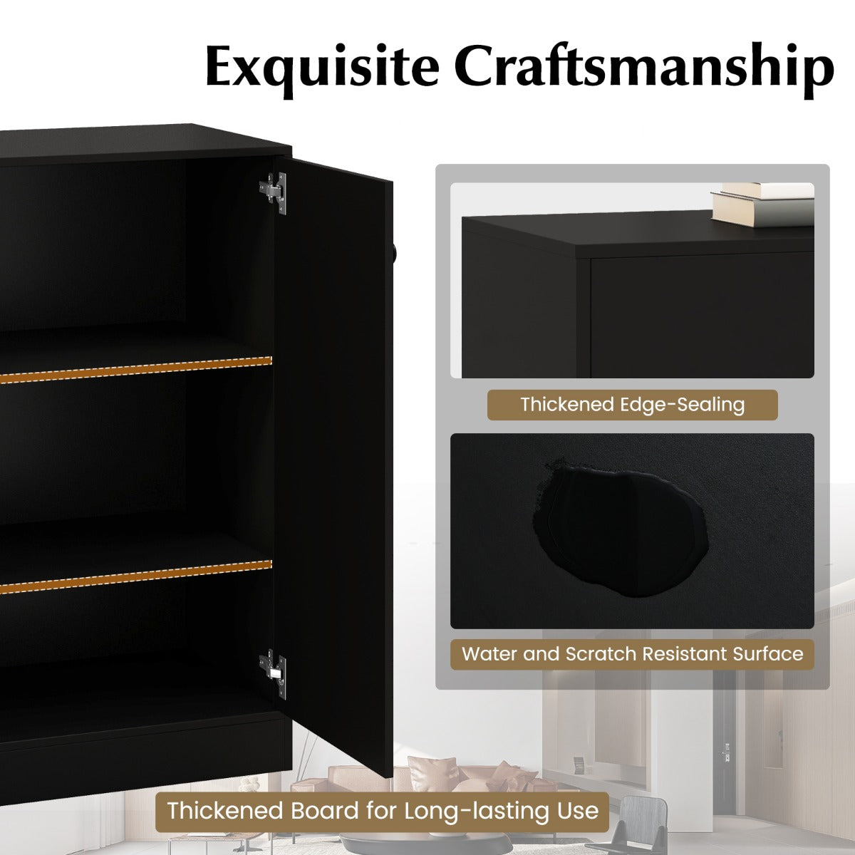 Livsk costway commode met 2 deuren modern dressoir met 3 planken en anti kantelbeveiliging vrijstaande opbergorganizer zwart 6 2