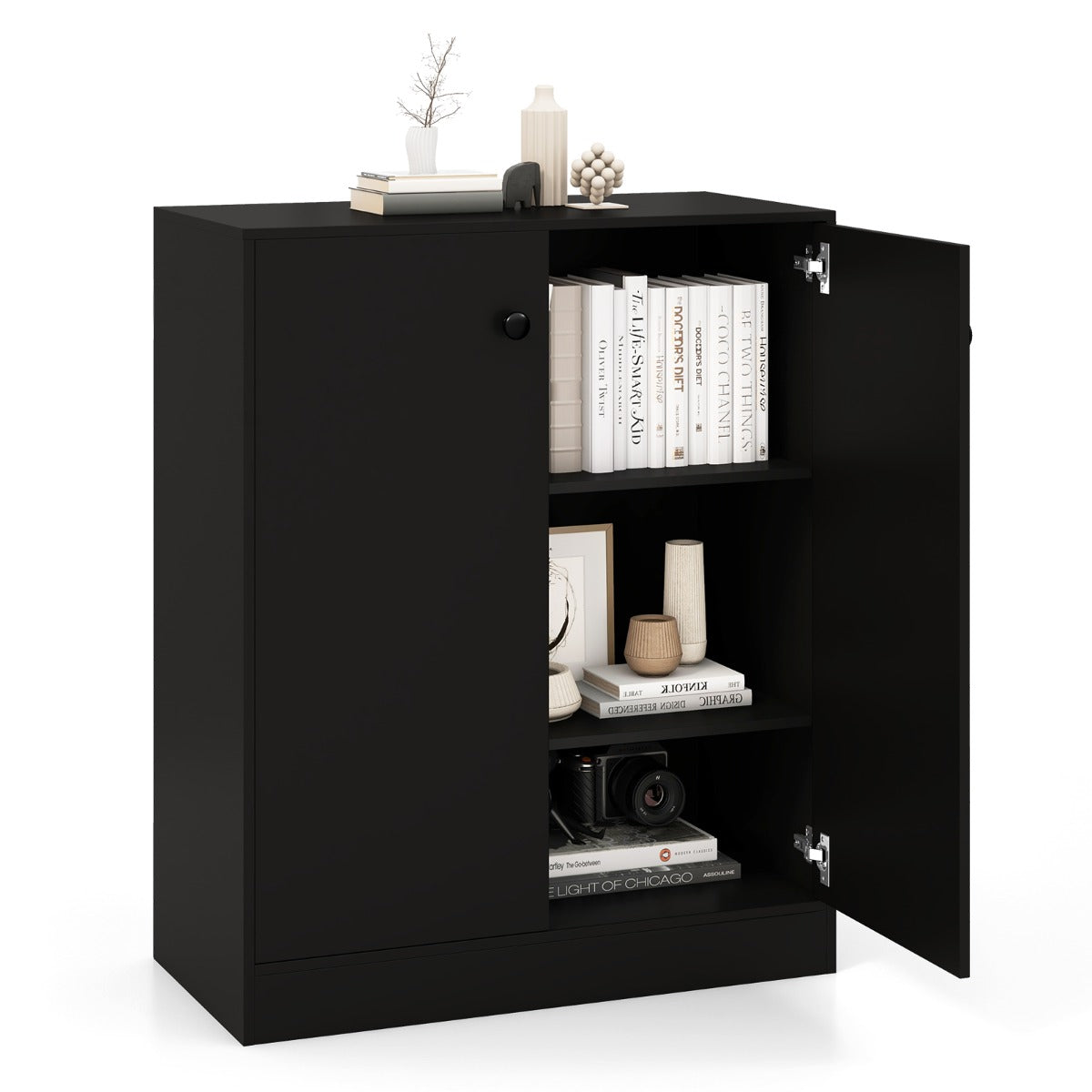 Livsk costway commode met 2 deuren modern dressoir met 3 planken en anti kantelbeveiliging vrijstaande opbergorganizer zwart 2