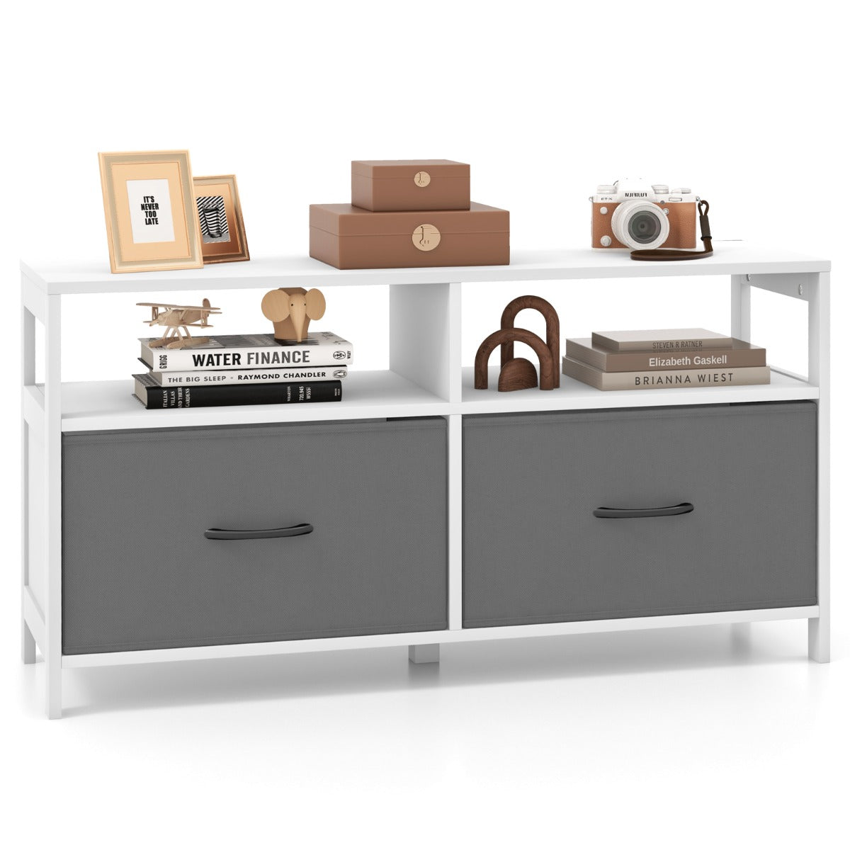 LIVSK Inklapbare Commode - 2 Laden & Open Planken - Stabiele MDF Constructie - Antislip Voetpads - Tot 80 kg - Grijs/Wit