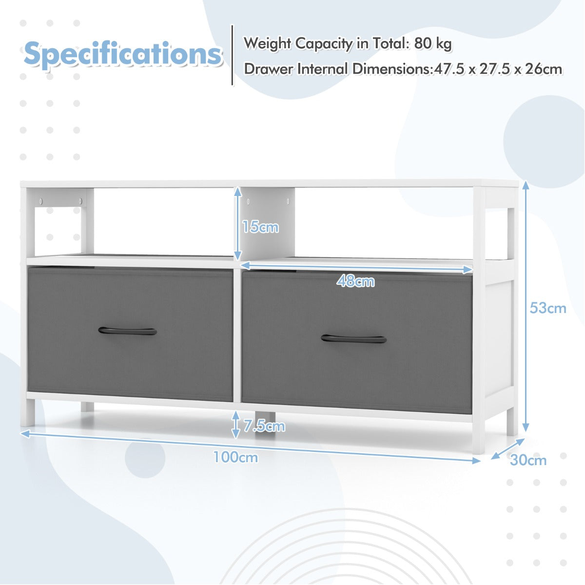 LIVSK Inklapbare Commode - 2 Laden & Open Planken - Stabiele MDF Constructie - Antislip Voetpads - Tot 80 kg - Grijs/Wit