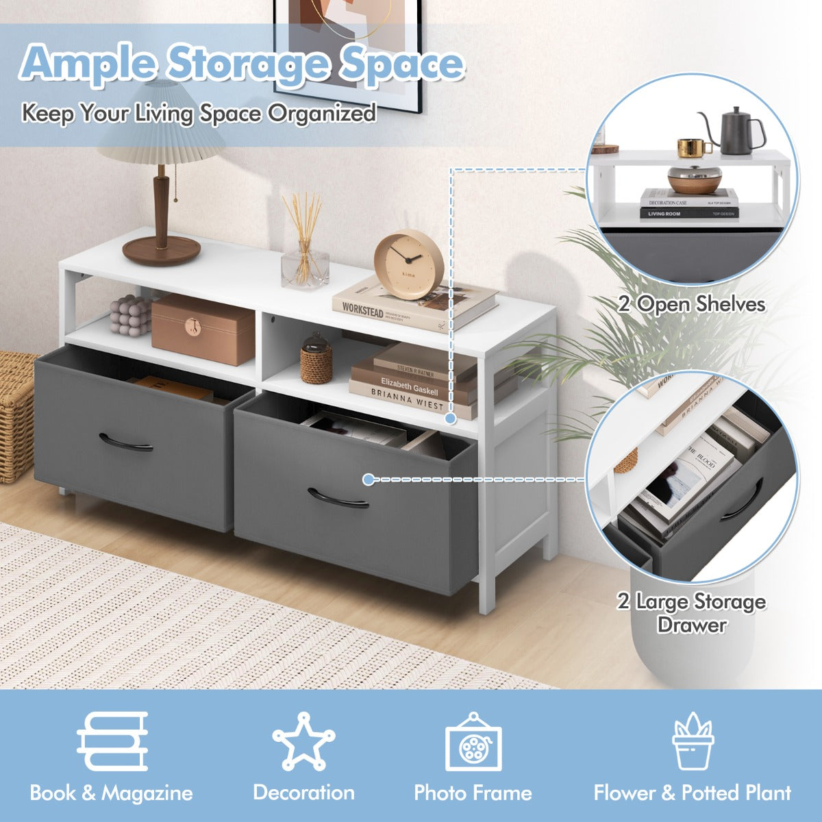 LIVSK Inklapbare Commode - 2 Laden & Open Planken - Stabiele MDF Constructie - Antislip Voetpads - Tot 80 kg - Grijs/Wit