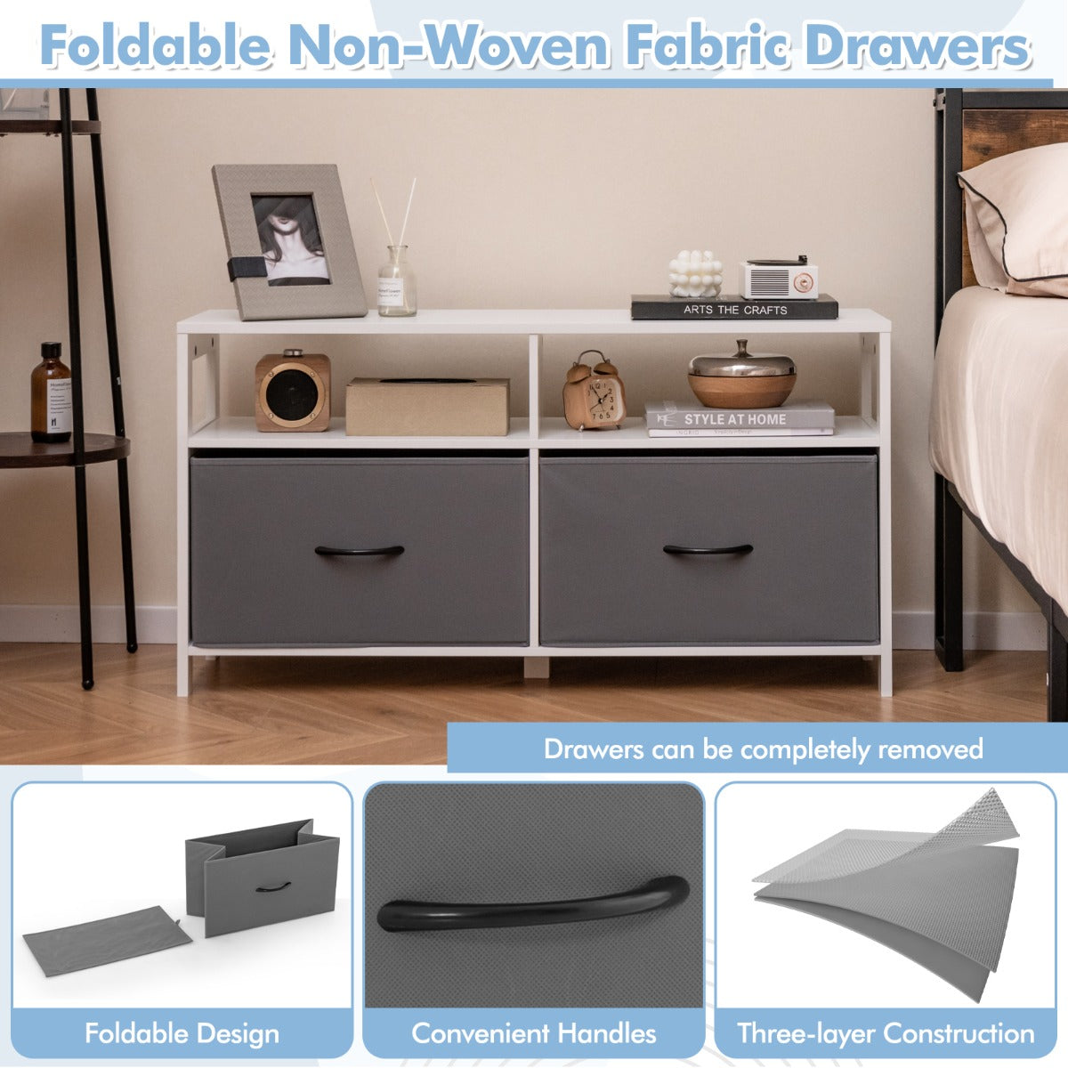 LIVSK Inklapbare Commode - 2 Laden & Open Planken - Stabiele MDF Constructie - Antislip Voetpads - Tot 80 kg - Grijs/Wit