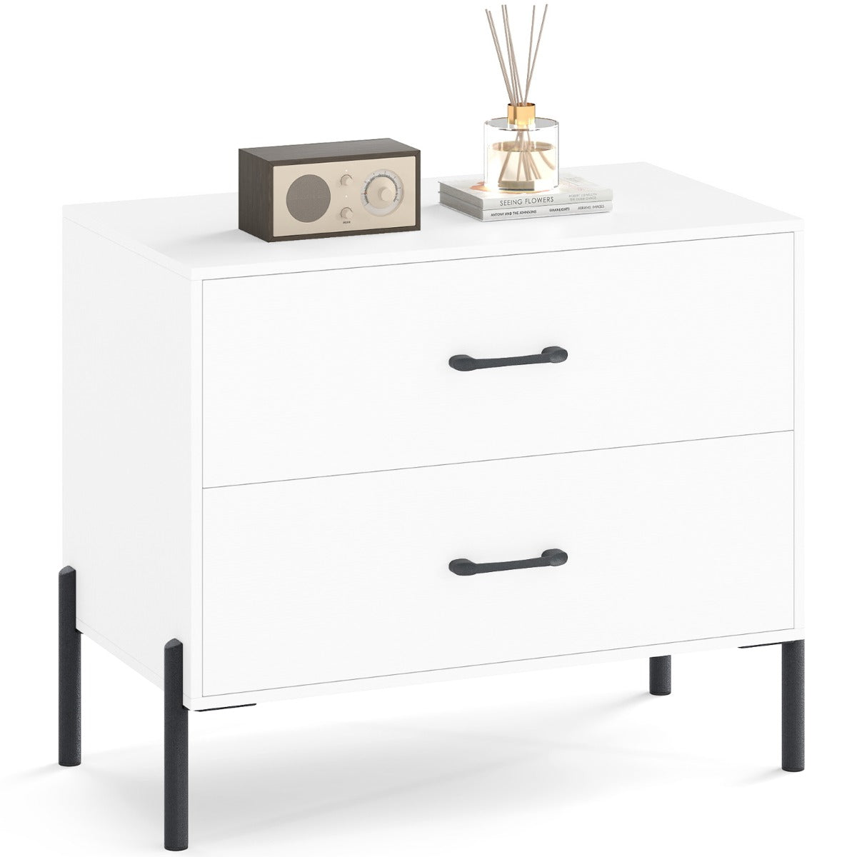 Livsk costway commode met 2 lades moderne houten nachtkastje met metalen poten en handgrepen compact bijzettafeltje met lades 1 1