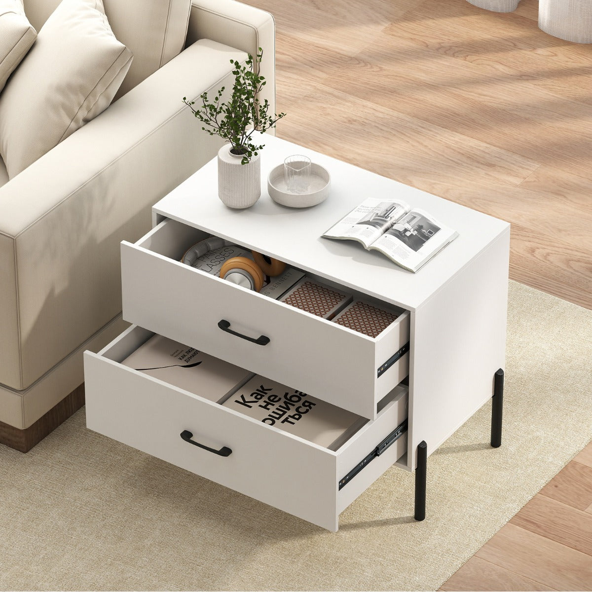 Livsk costway commode met 2 lades moderne houten nachtkastje met metalen poten en handgrepen compact bijzettafeltje met lades 6