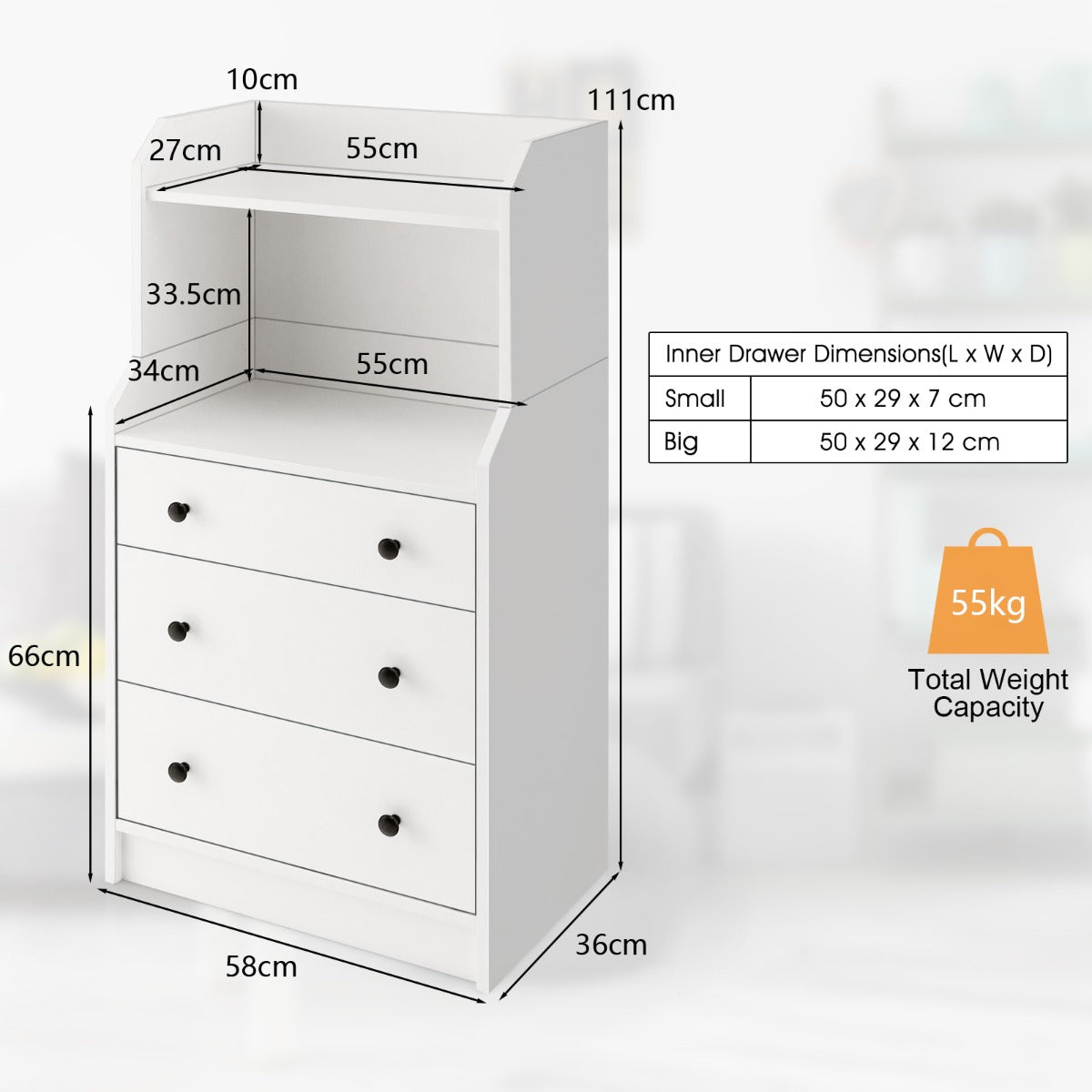 LIVSK Ladekast met 3 Lades en 2 Open Planken - Duurzaam Gelamineerd Hout - Modern Design - Voor Woonkamer en Slaapkamer - Wit