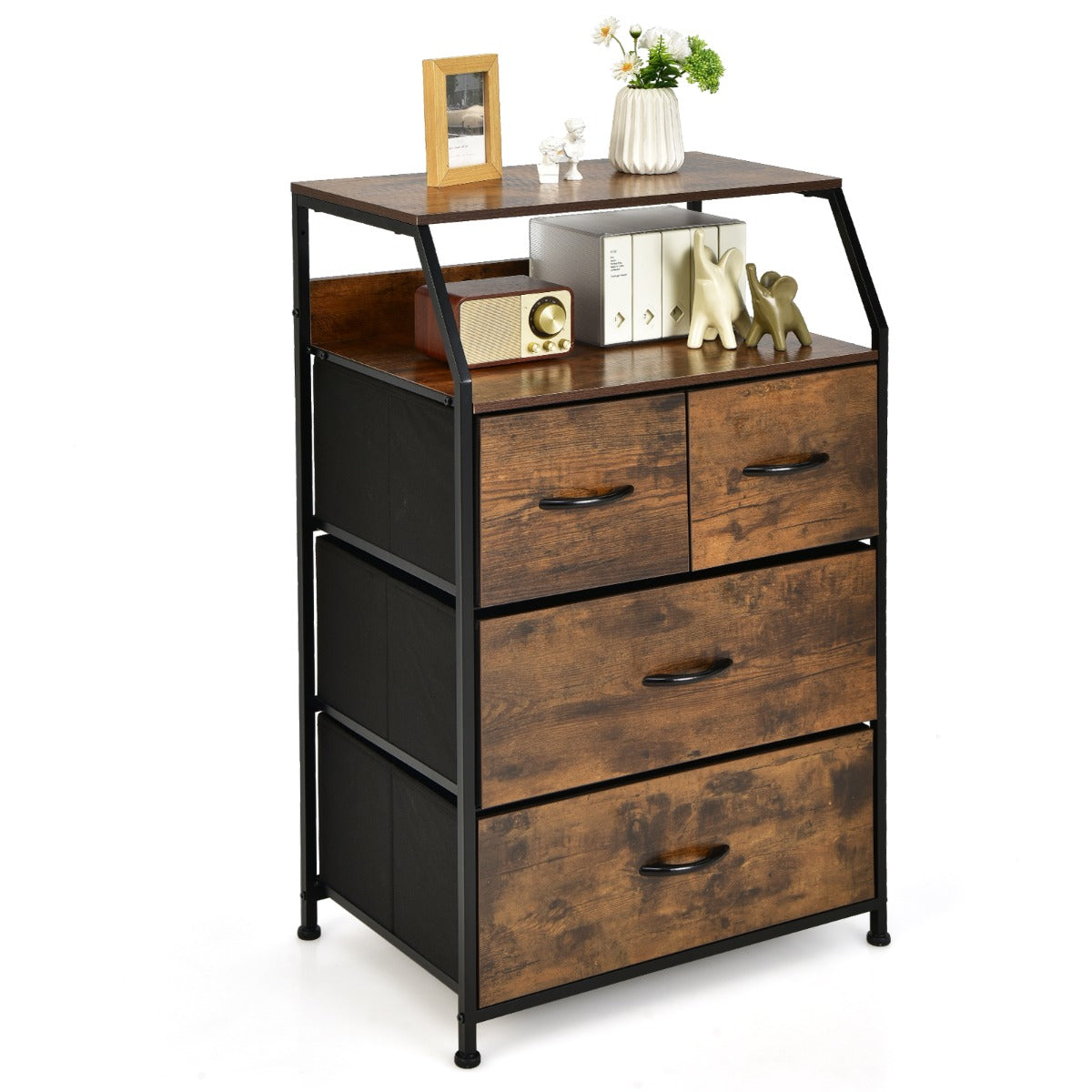 LIVSK Stoffen Commode met 4 Lades - 2 Open Legplanken - Veilig Anti-kantelsysteem - Eenvoudige Montage - Rustiek bruin