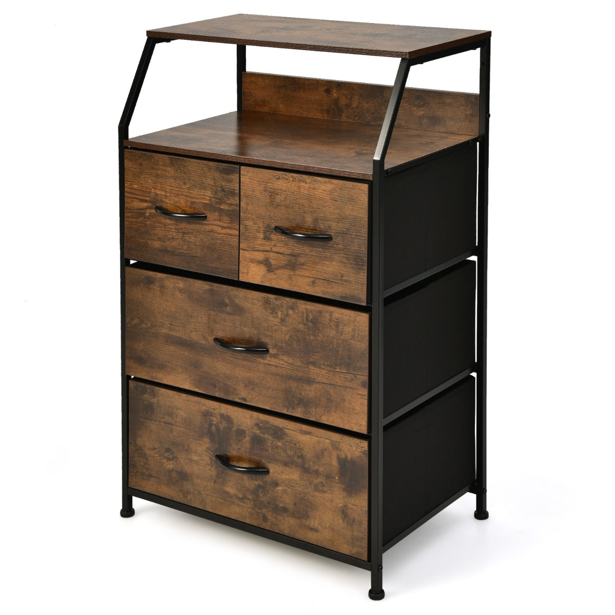 LIVSK Stoffen Commode met 4 Lades - 2 Open Legplanken - Veilig Anti-kantelsysteem - Eenvoudige Montage - Rustiek bruin