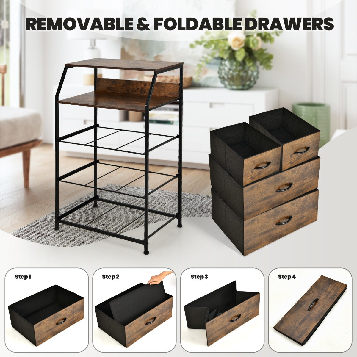 LIVSK Stoffen Commode met 4 Lades - 2 Open Legplanken - Veilig Anti-kantelsysteem - Eenvoudige Montage - Rustiek bruin