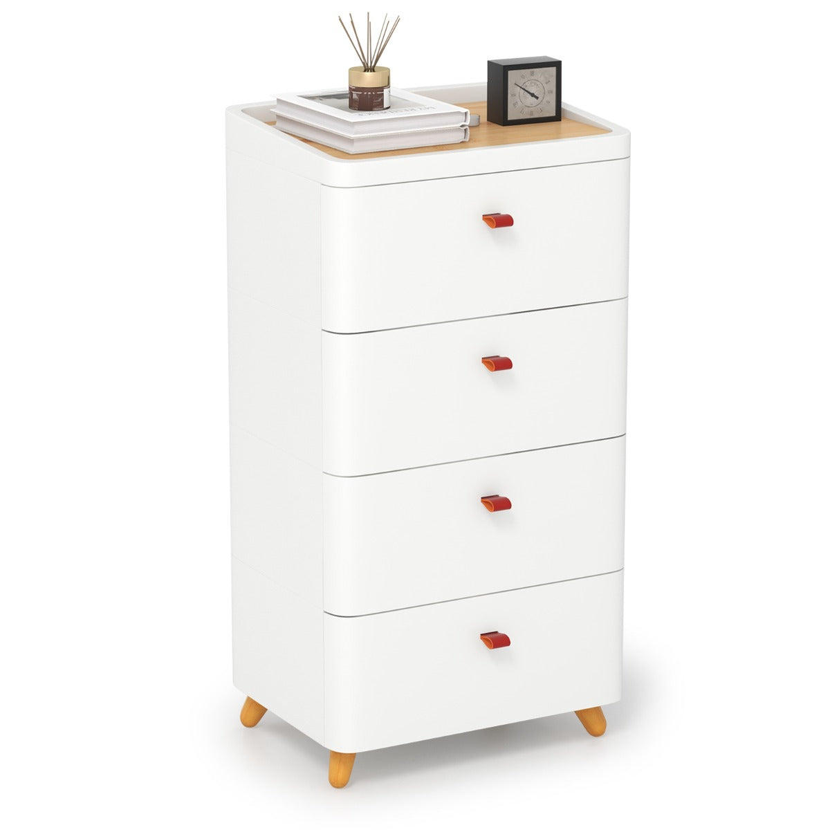 LIVSK Commode met 4 Laden - Uitneembare Opberglade - Bamboe Bovenblad - Voor Slaapkamer en Woonkamer - Voorgemonteerd - Wit