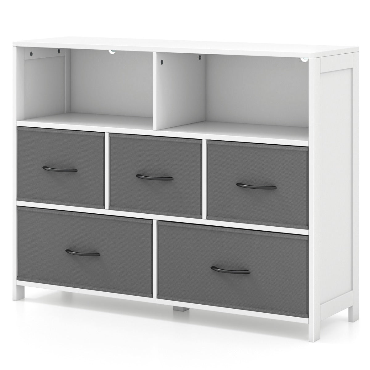 LIVSK Ladekast met 5 Lades - 2 Open Vakken - Inklapbaar - Duurzaam MDF - Totale Afmeting 100 x 30 x 78 cm - Wit + Grijs