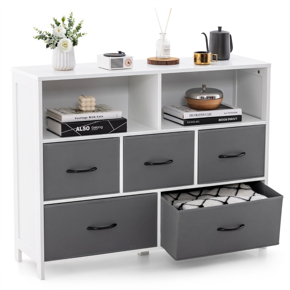 LIVSK Ladekast met 5 Lades - 2 Open Vakken - Inklapbaar - Duurzaam MDF - Totale Afmeting 100 x 30 x 78 cm - Wit + Grijs