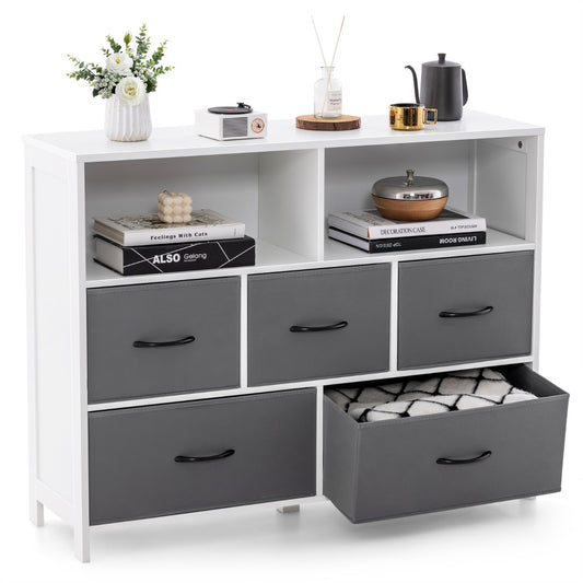 LIVSK Ladekast met 5 Lades - 2 Open Vakken - Inklapbaar - Duurzaam MDF - Totale Afmeting 100 x 30 x 78 cm - Wit + Grijs