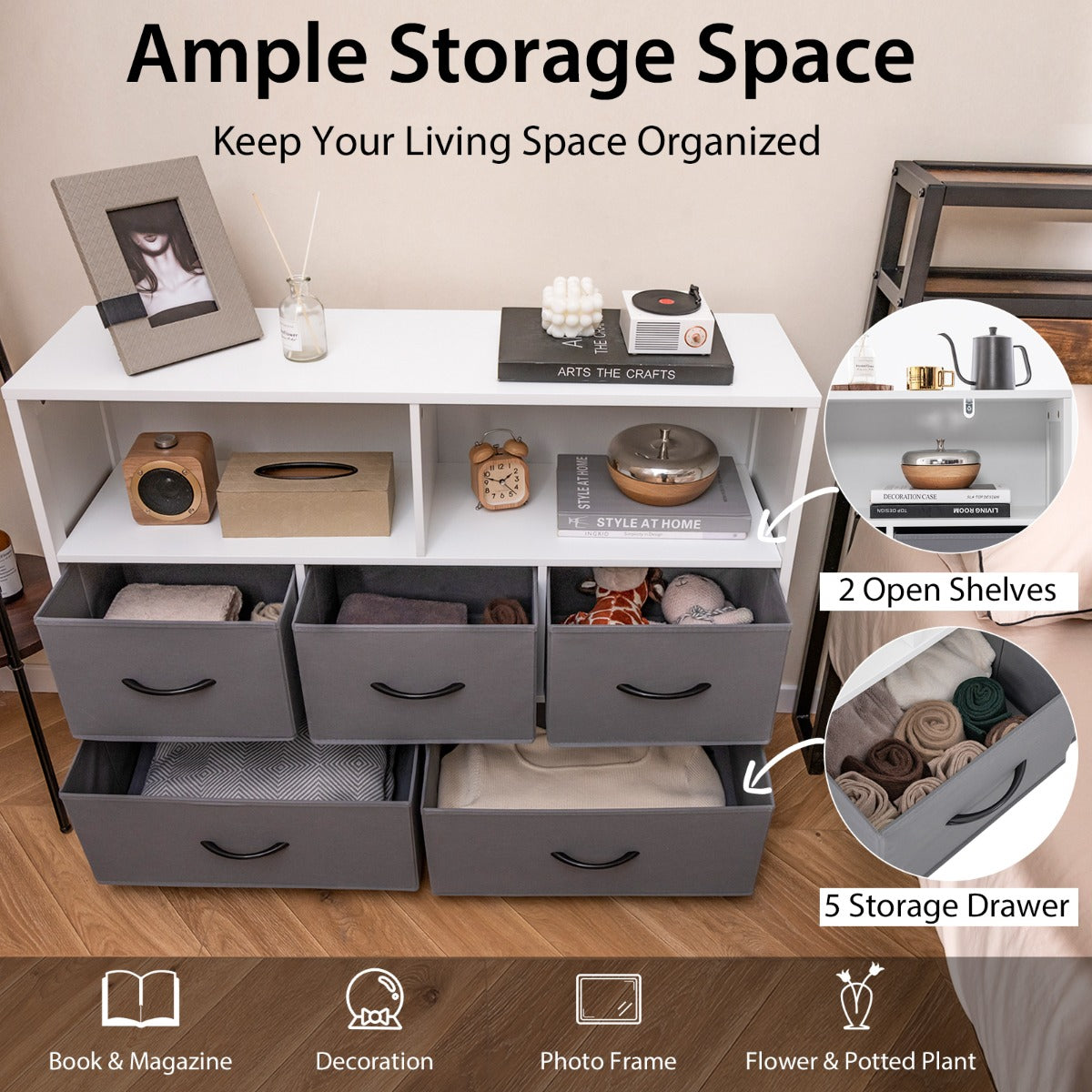 LIVSK Ladekast met 5 Lades - 2 Open Vakken - Inklapbaar - Duurzaam MDF - Totale Afmeting 100 x 30 x 78 cm - Wit + Grijs