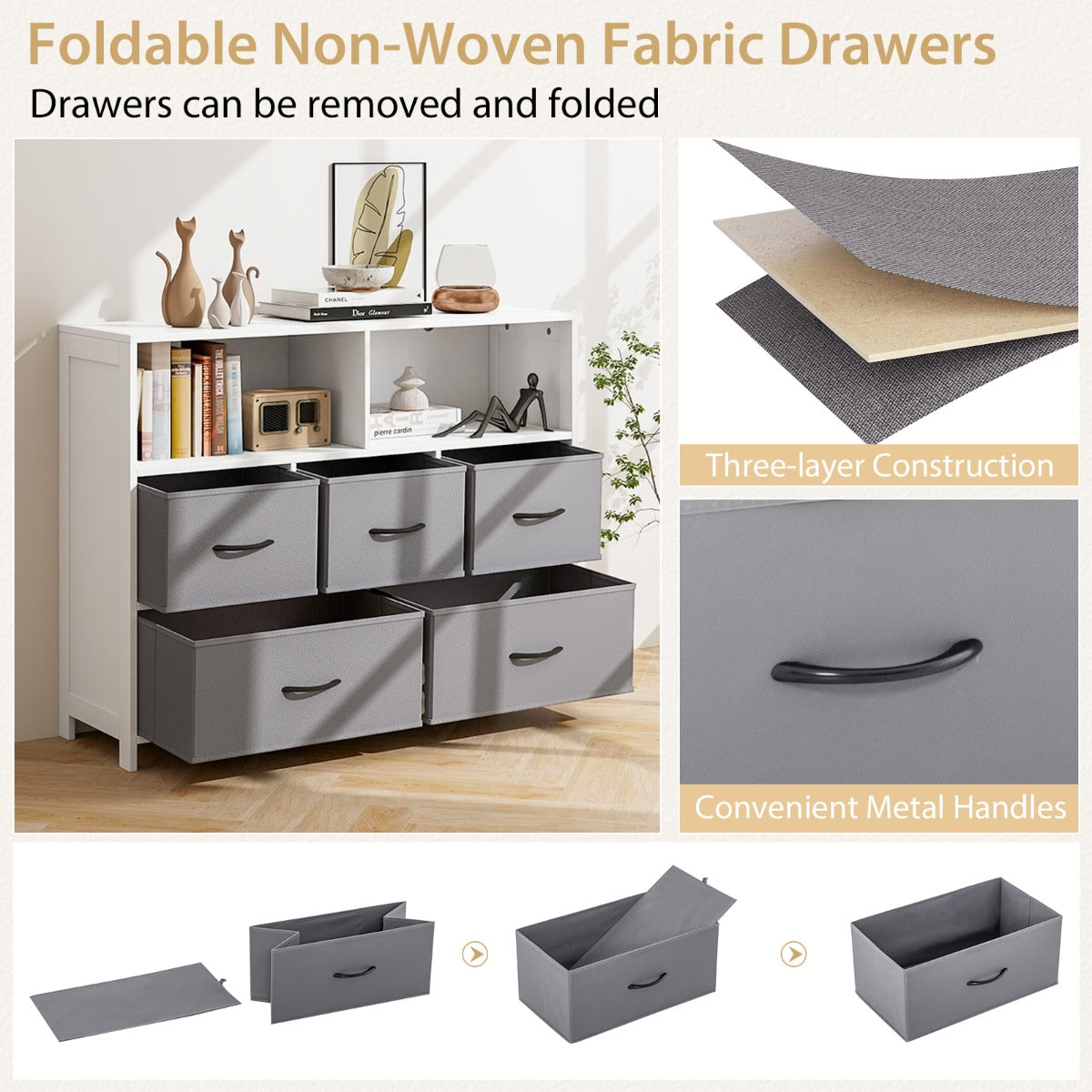 LIVSK Ladekast met 5 Lades - 2 Open Vakken - Inklapbaar - Duurzaam MDF - Totale Afmeting 100 x 30 x 78 cm - Wit + Grijs